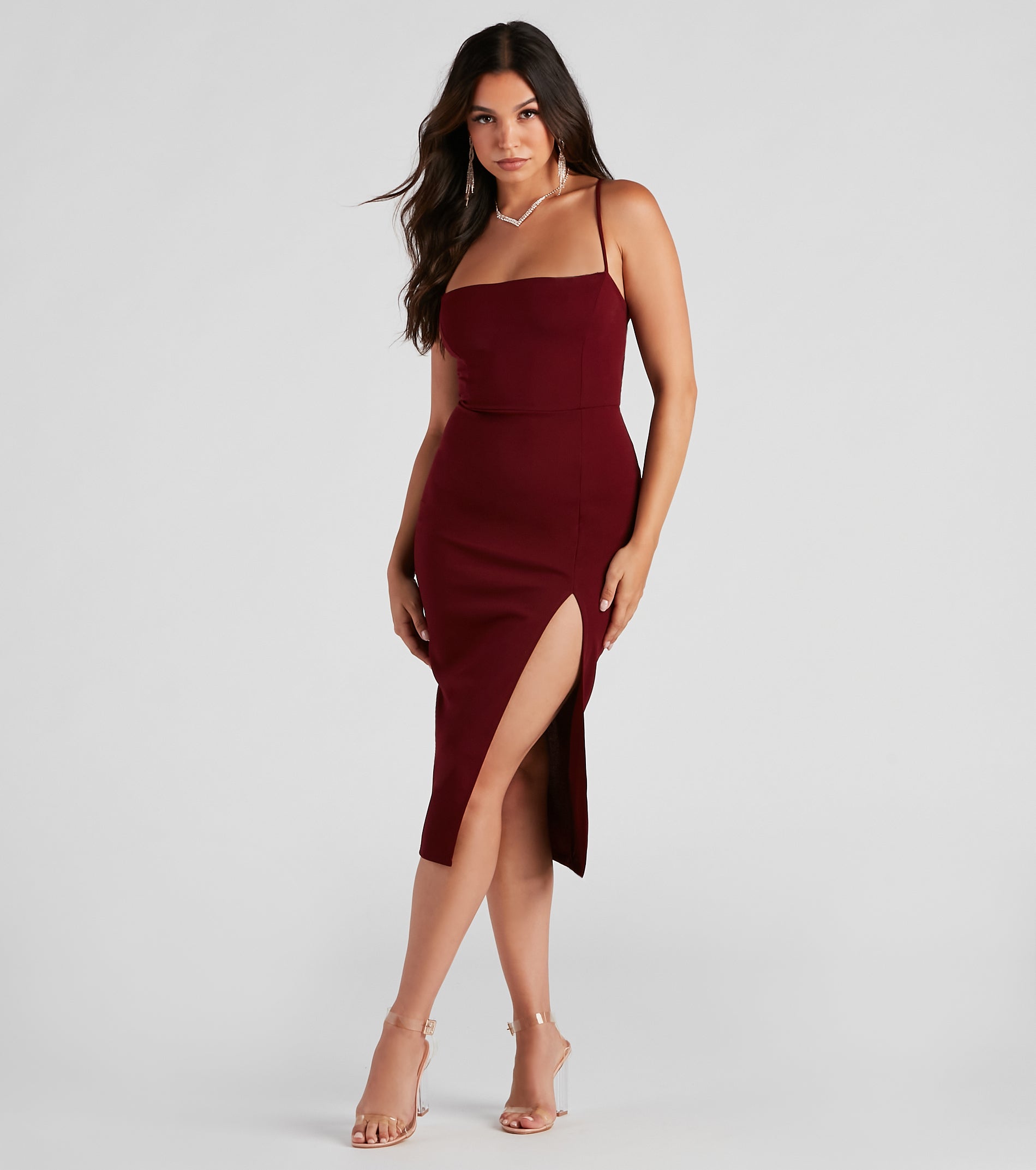 Henley Formal Lace-Up Midi Dress - BURGUNDY