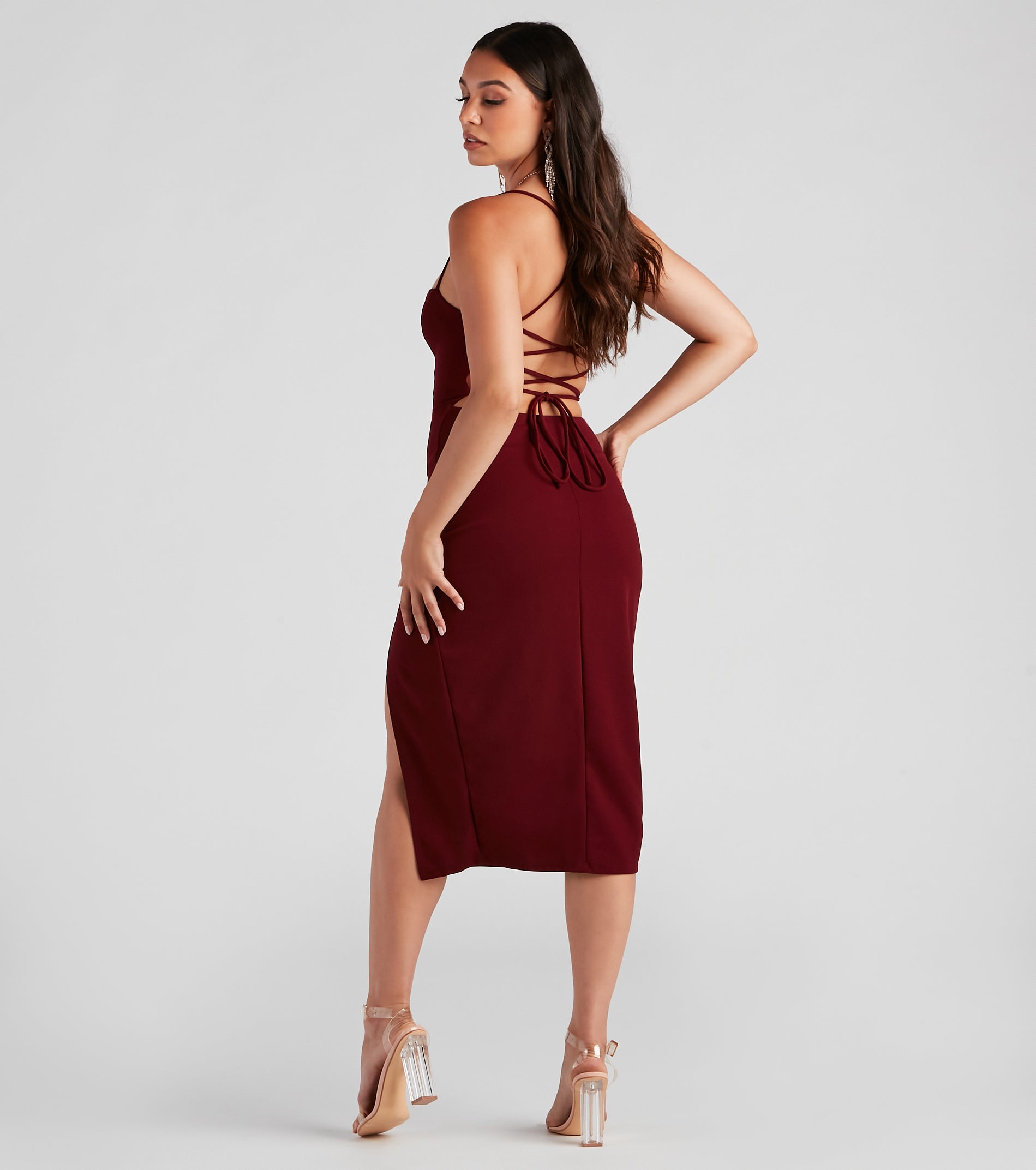 Henley Formal Lace-Up Midi Dress - BURGUNDY