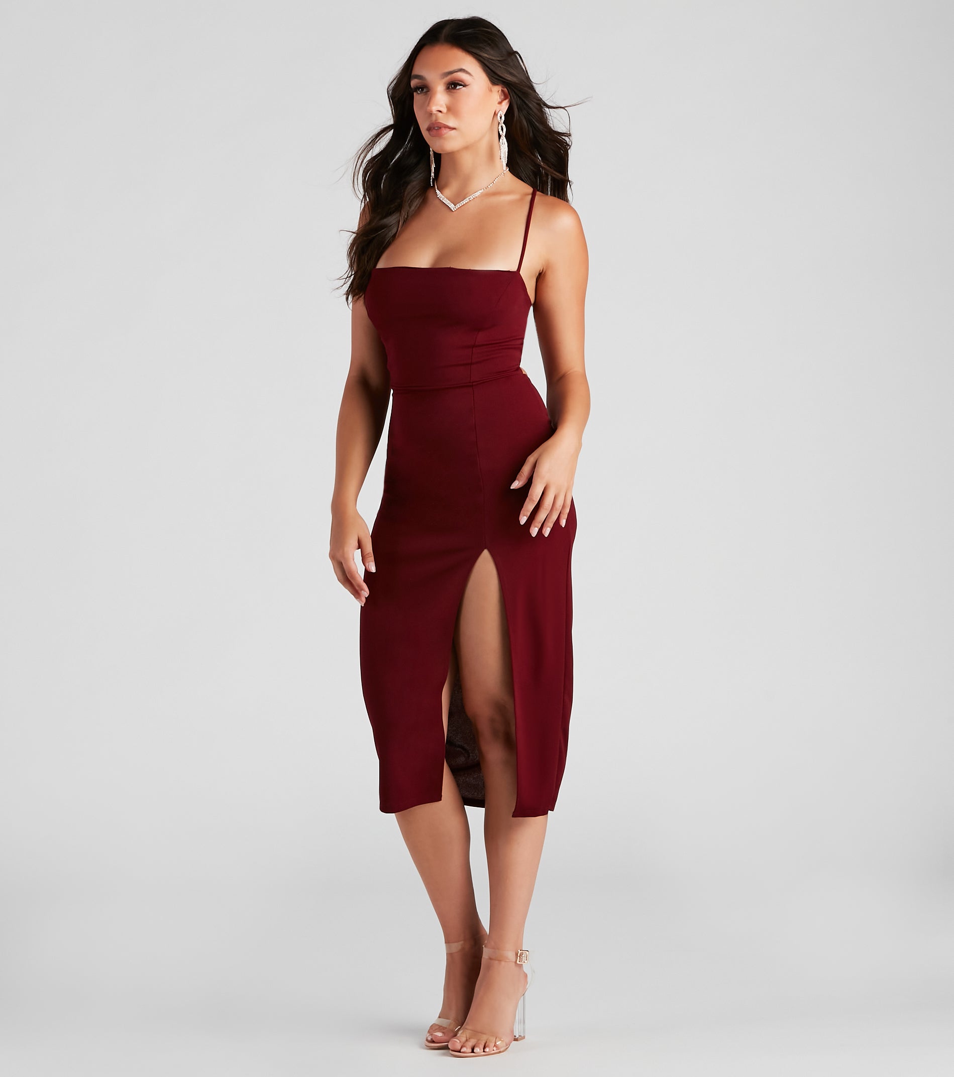Henley Formal Lace-Up Midi Dress - BURGUNDY