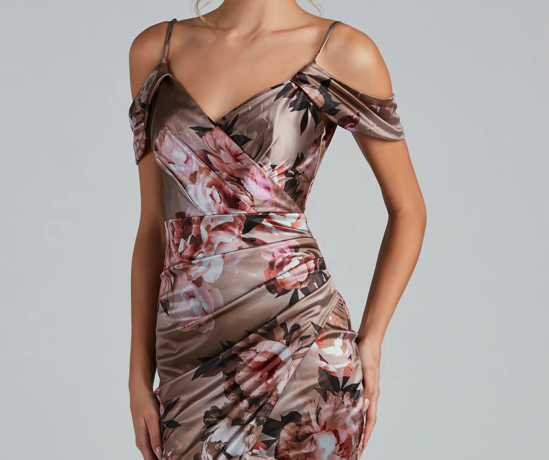Peyton Satin Floral Asymmetric Mini Dress - TAUPE