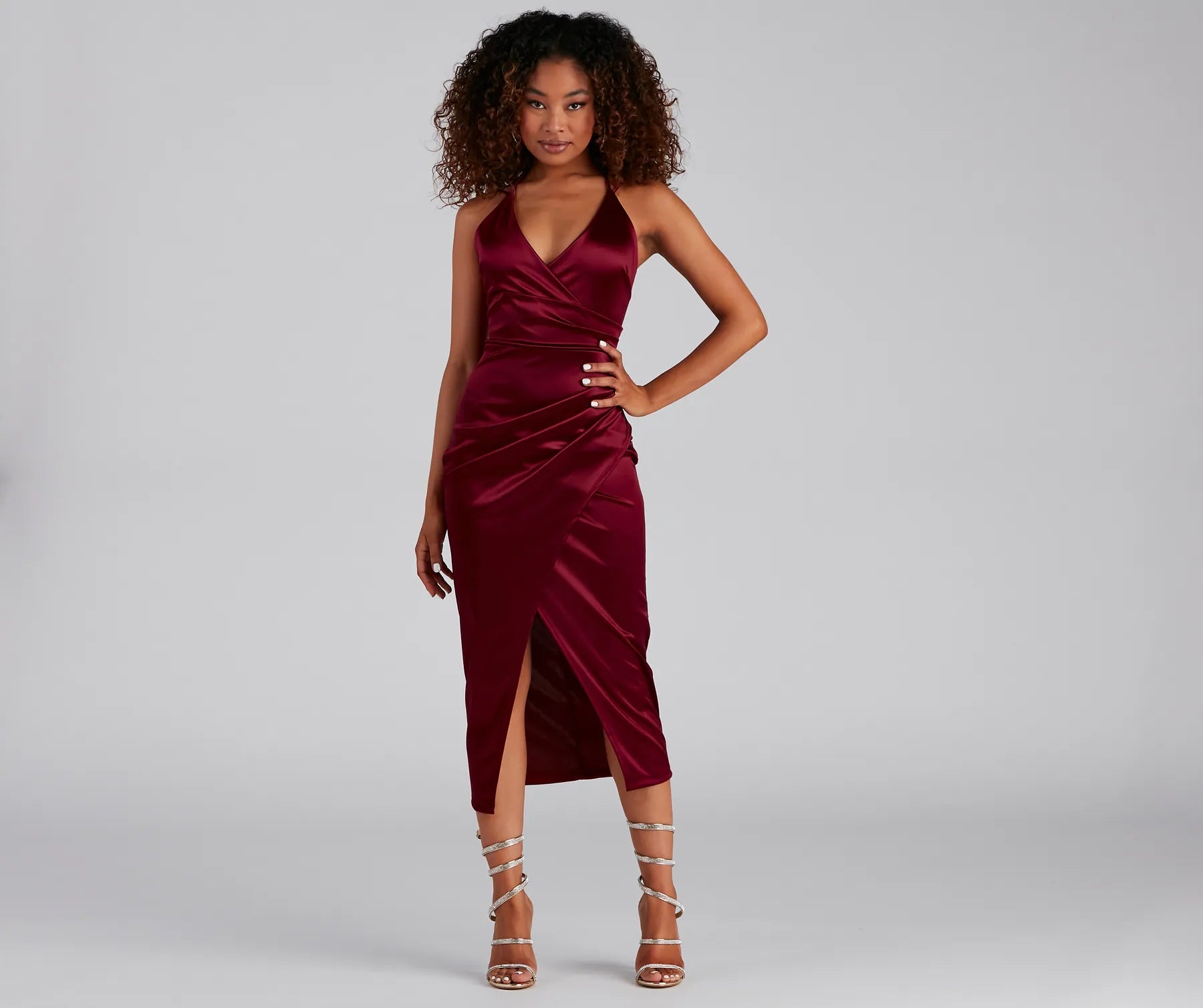 Amanda Wrap Satin Dress - BURGUNDY