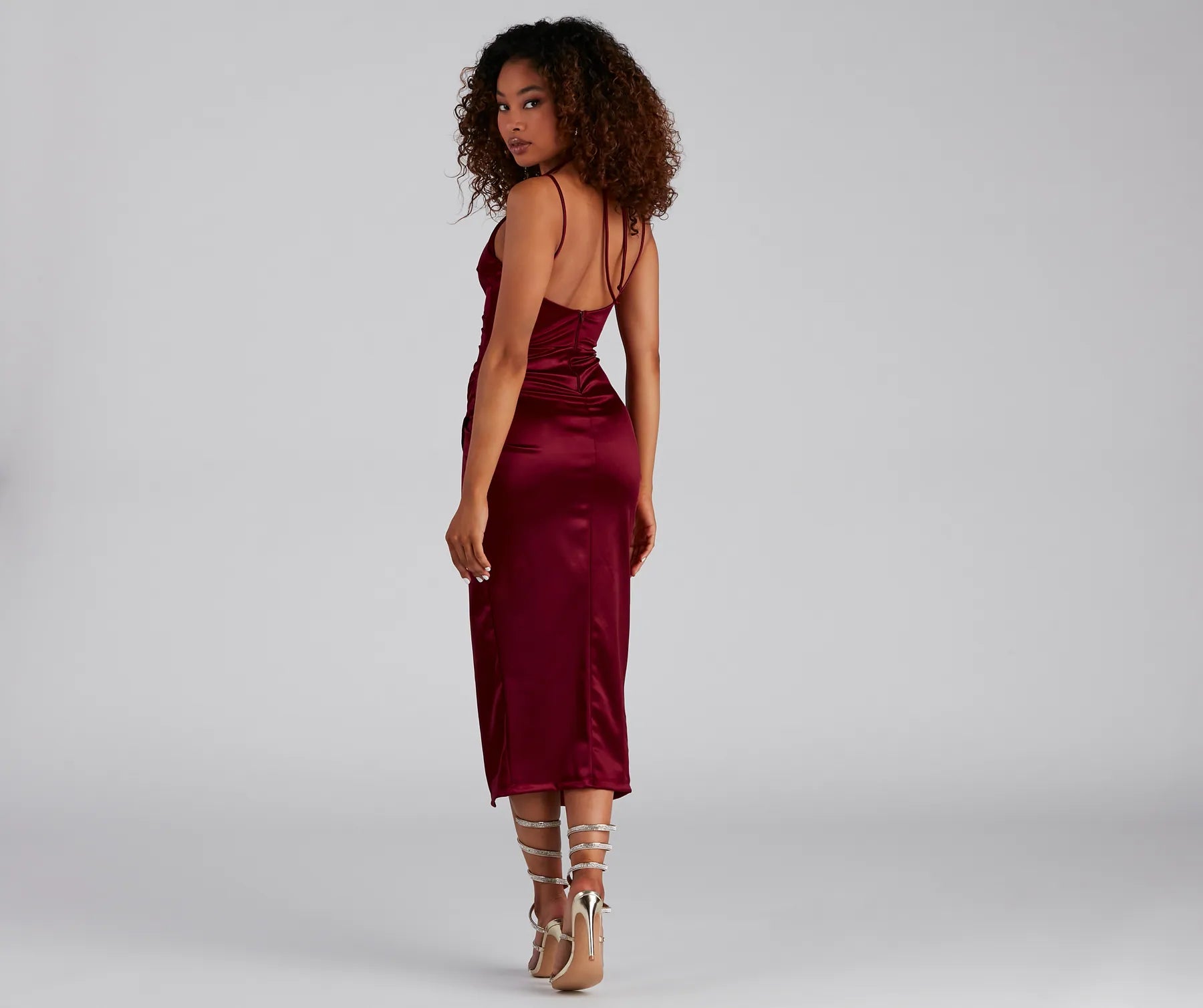Amanda Wrap Satin Dress - BURGUNDY
