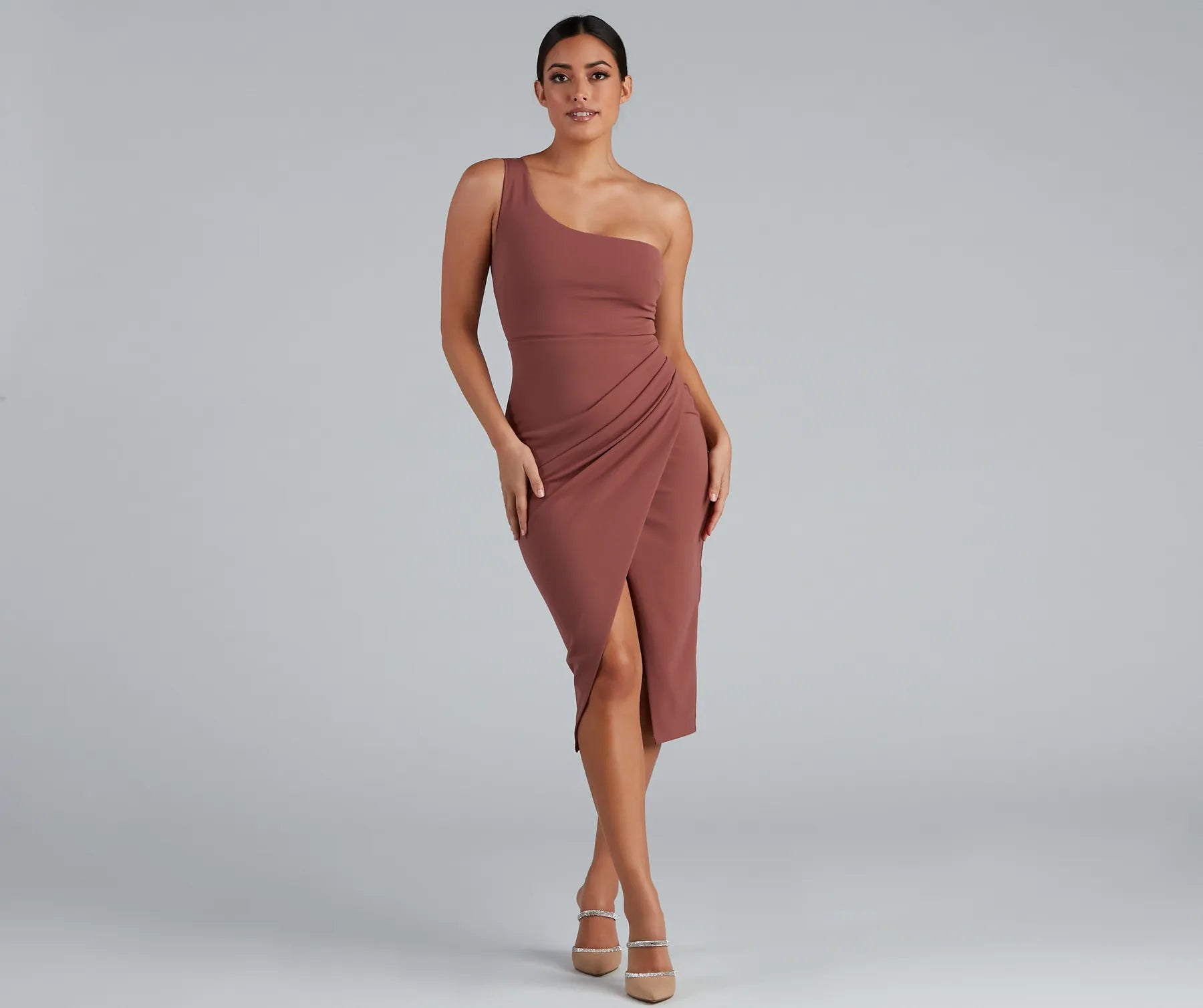 Marissa One-Shoulder Asymmetric Midi Dress - MAUVE