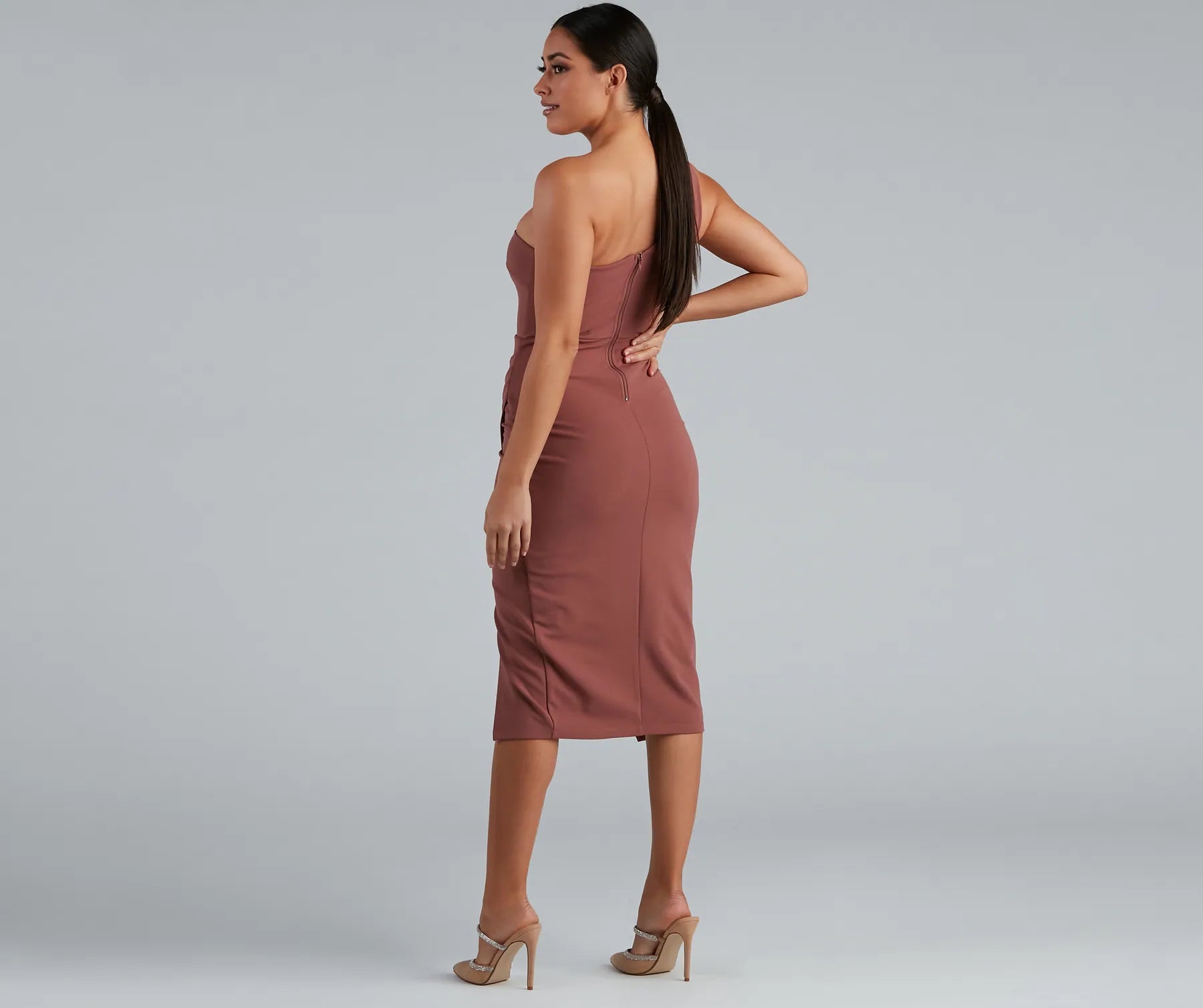 Marissa One-Shoulder Asymmetric Midi Dress - MAUVE