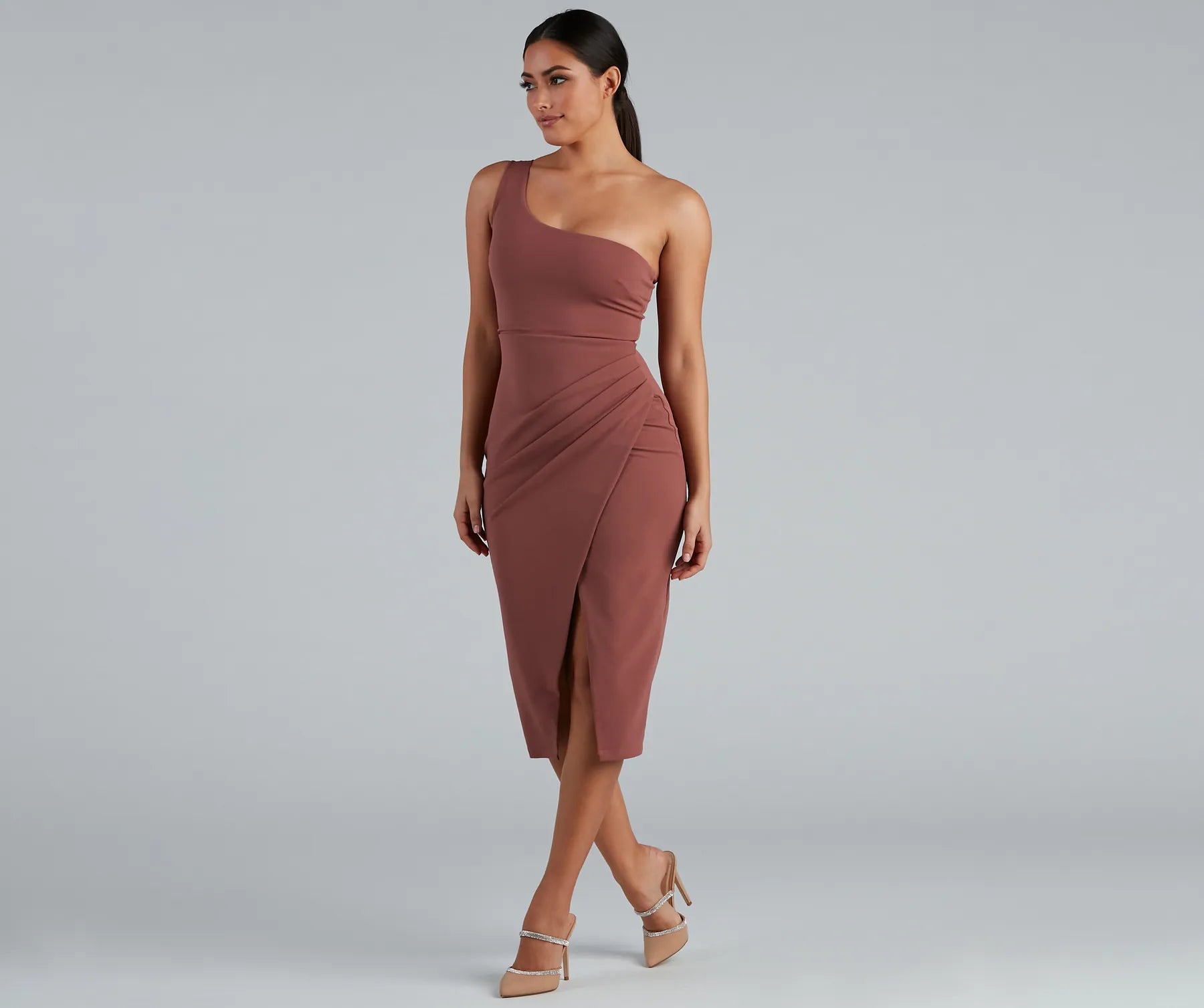 Marissa One-Shoulder Asymmetric Midi Dress - MAUVE