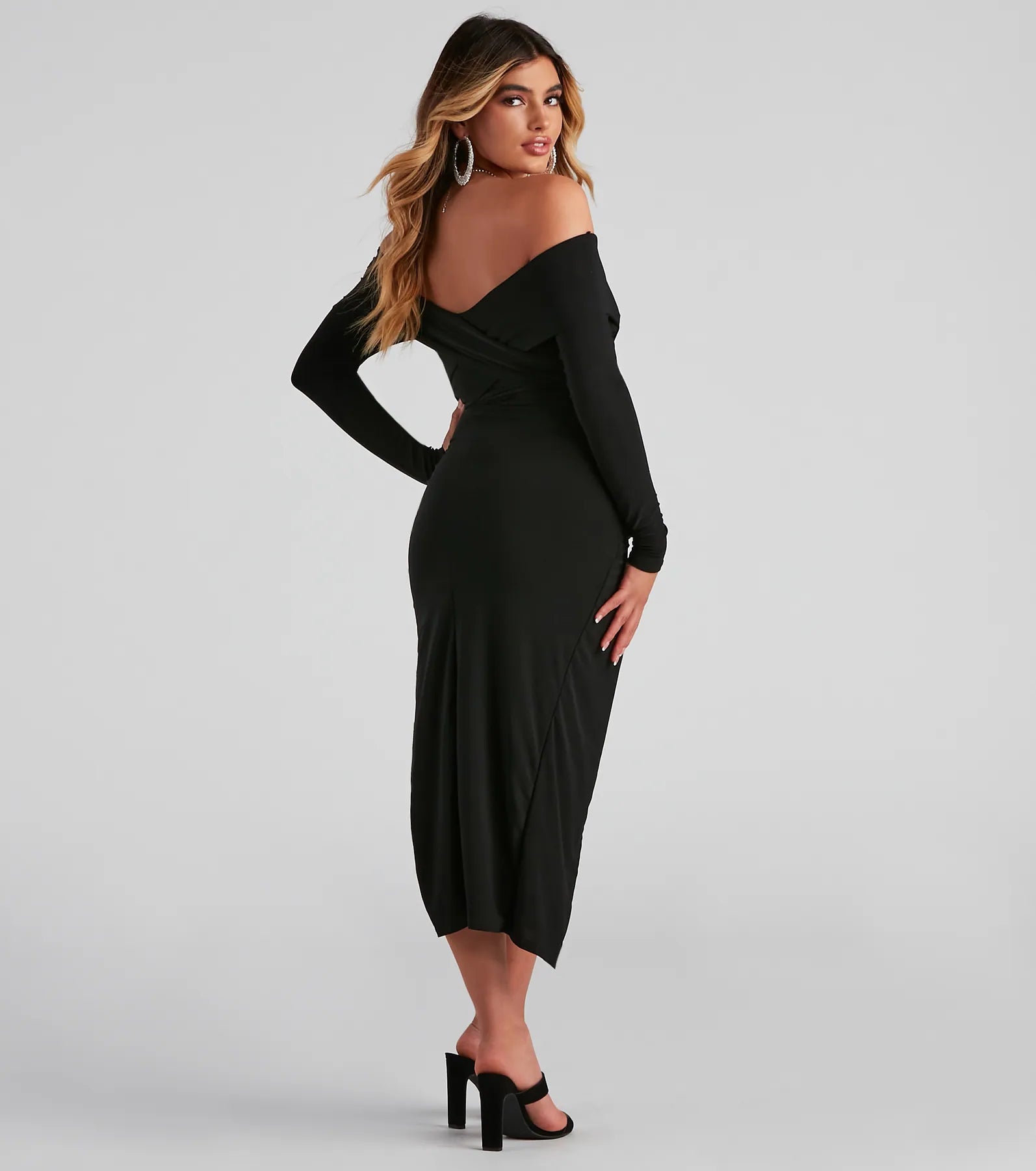 Kristy Off-The-Shoulder Formal Midi Dress - BLACK
