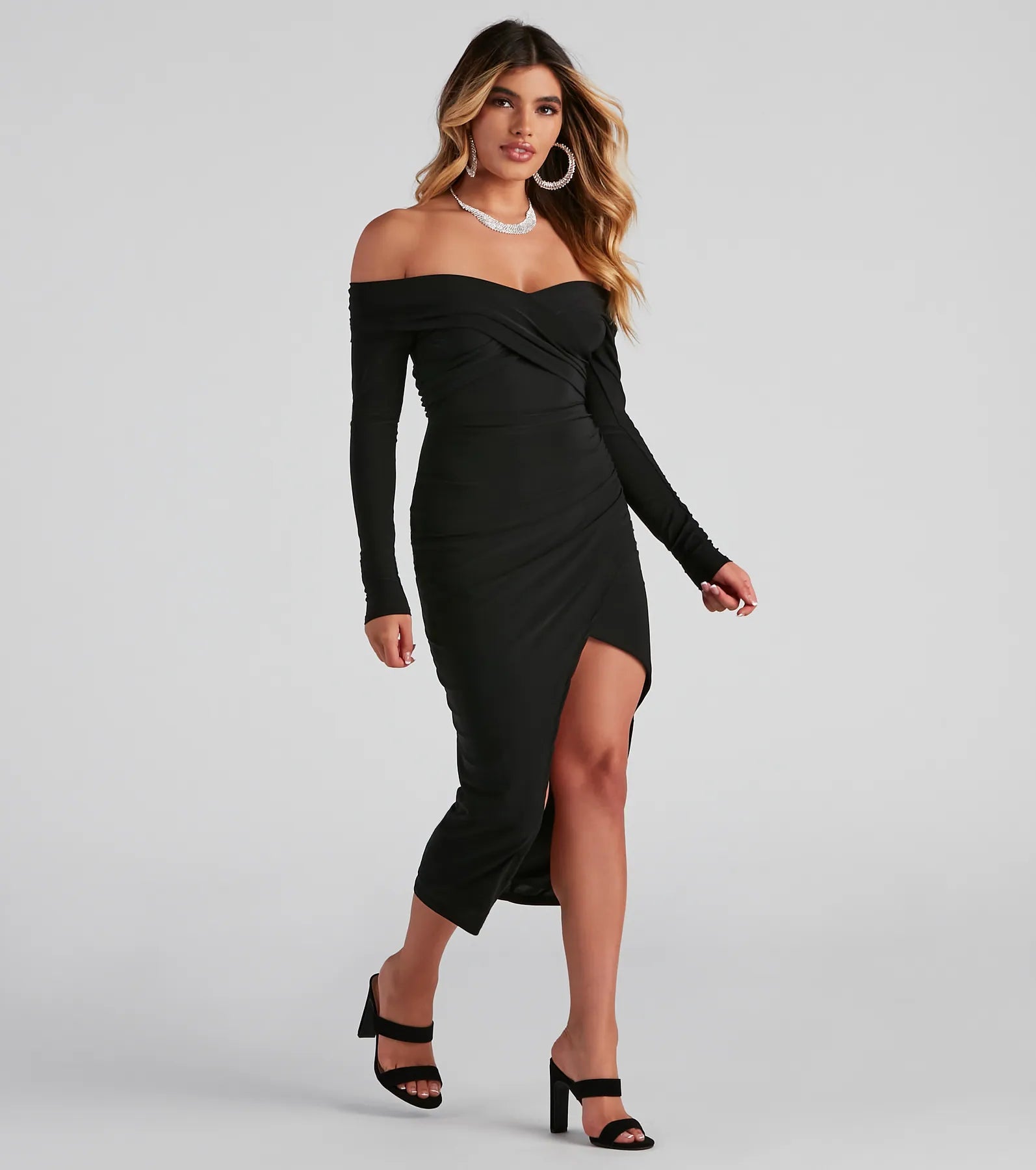 Kristy Off-The-Shoulder Formal Midi Dress - BLACK