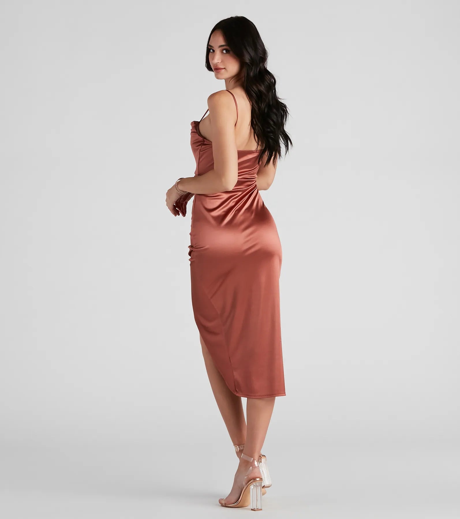 Bre Satin Ruched Midi Dress - ROSE