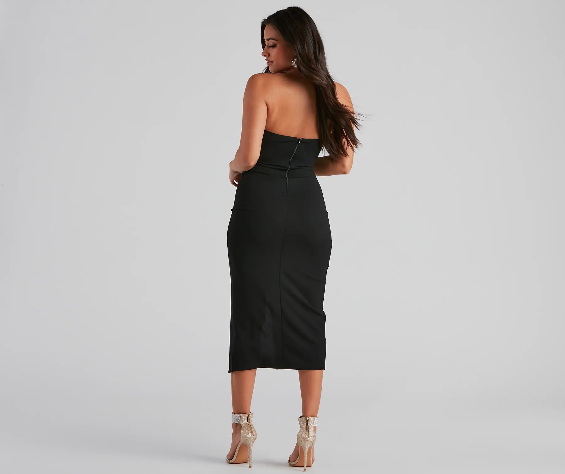Zadie Formal High-Slit Midi Dress - BLACK