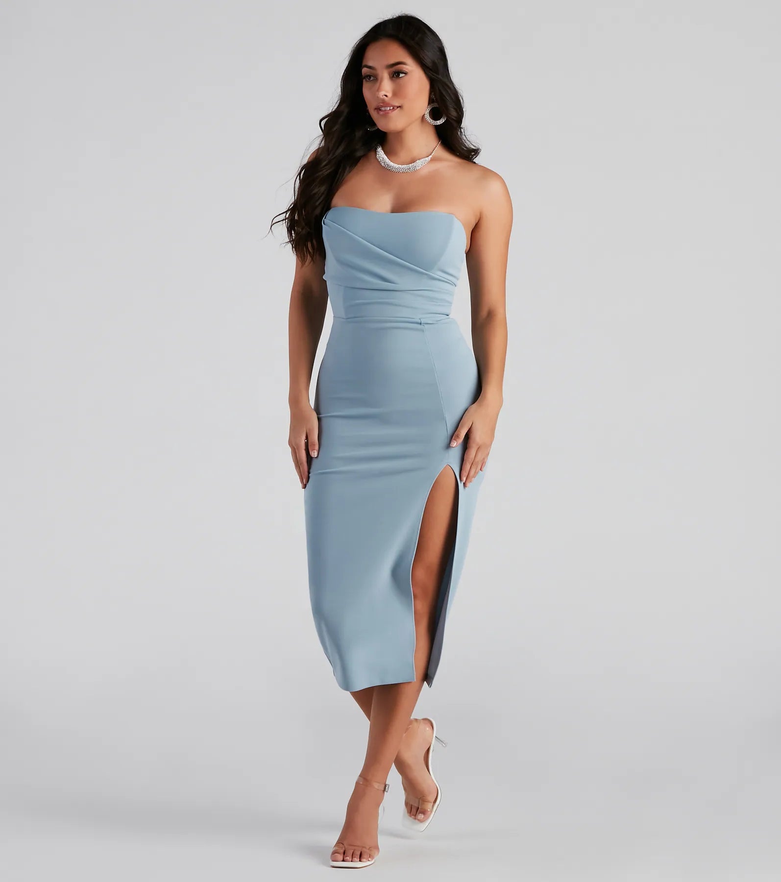 Zadie Formal High-Slit Midi Dress - LIGHT BLUE