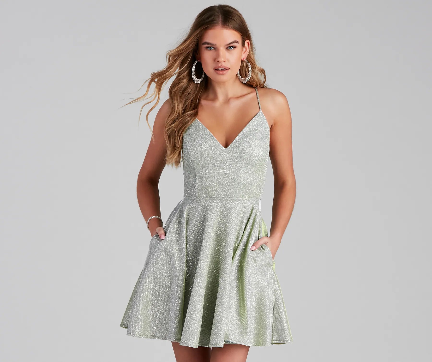 Erina Formal Woven Glitter And Lace Dress - SAGE