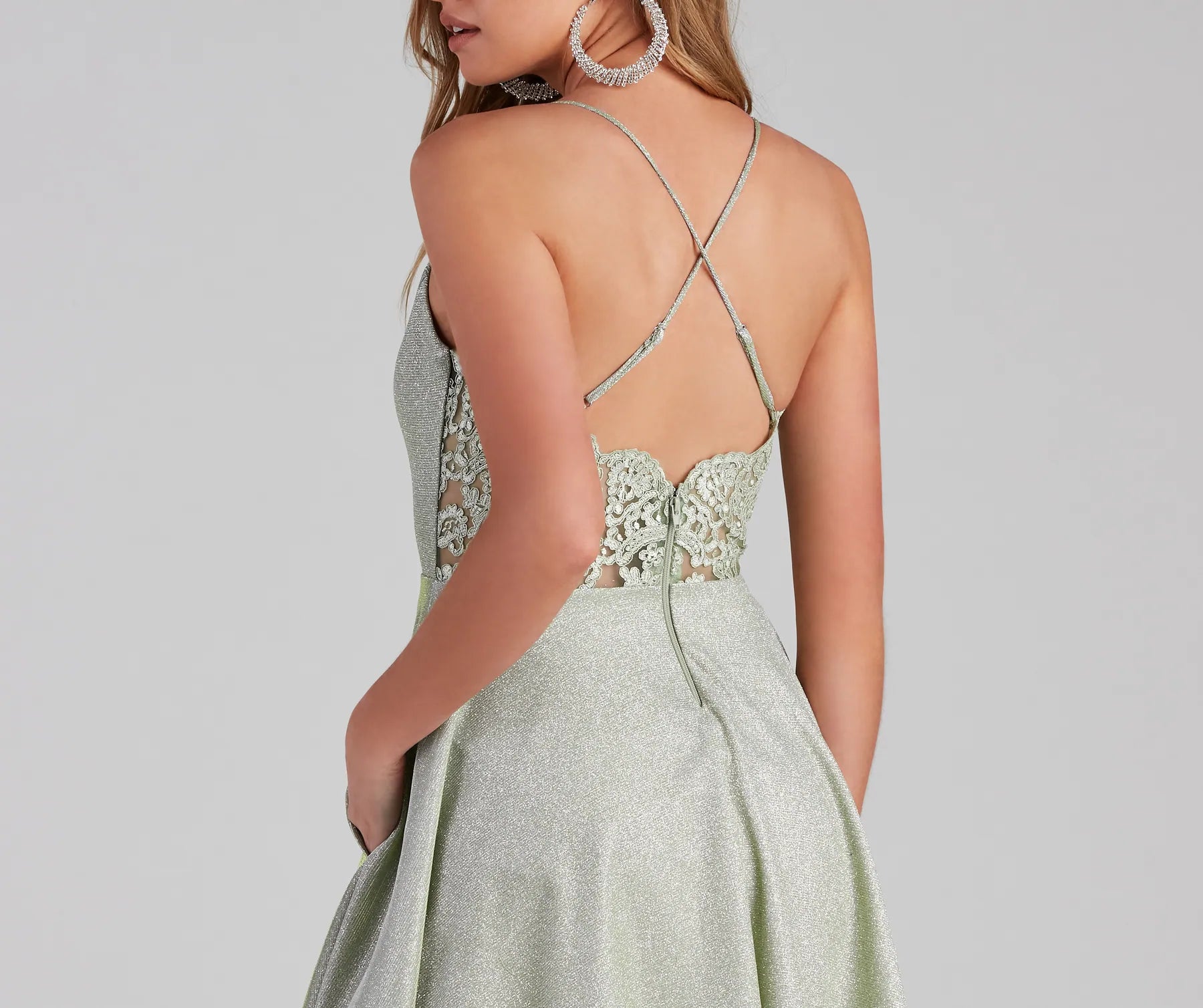 Erina Formal Woven Glitter And Lace Dress - SAGE