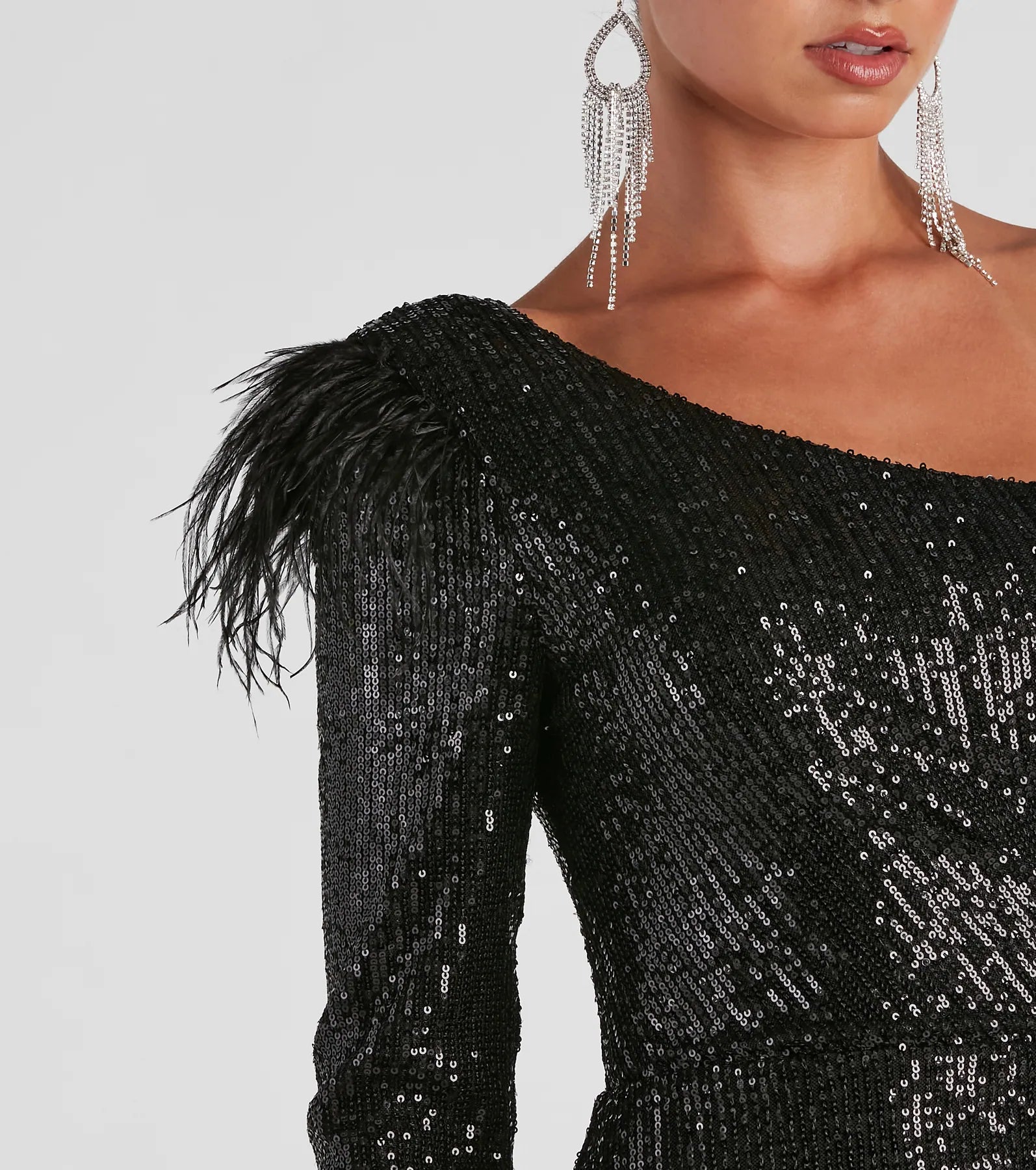 Cassidy Formal Sequin Feather Dress - BLACK