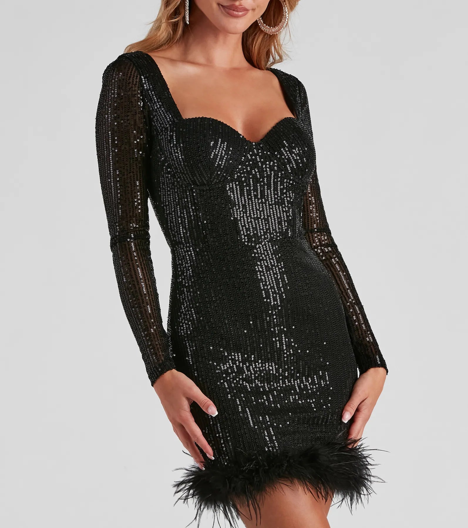Jayla Long Sleeve Sequin Feather Mini Dress - BLACK