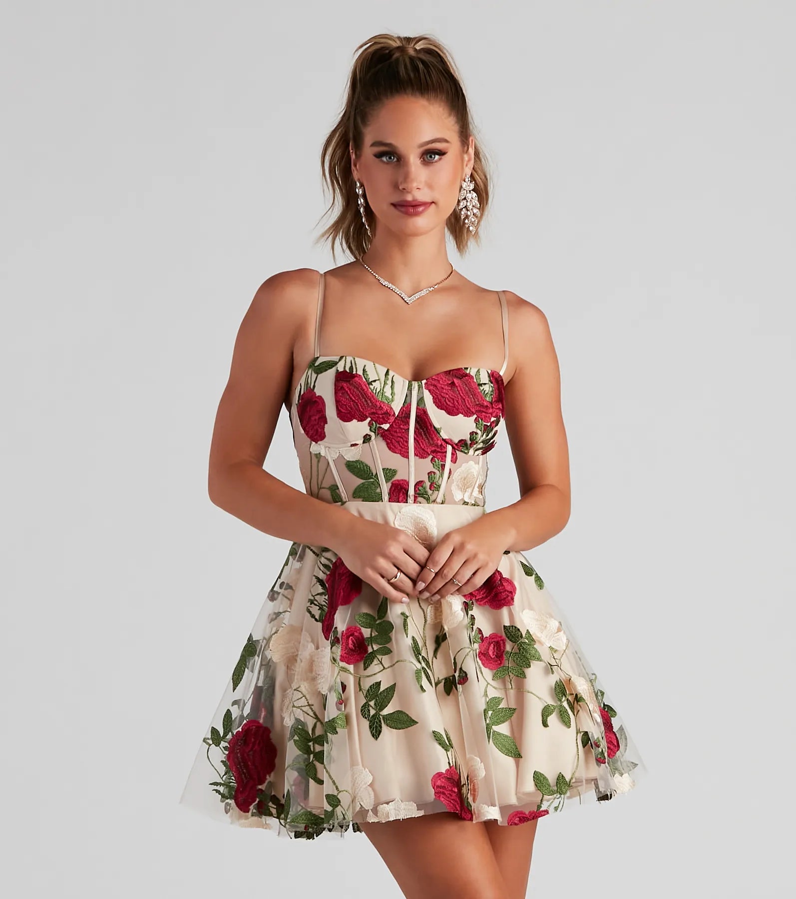 Darcie Floral Bustier Party Dress - NUDE