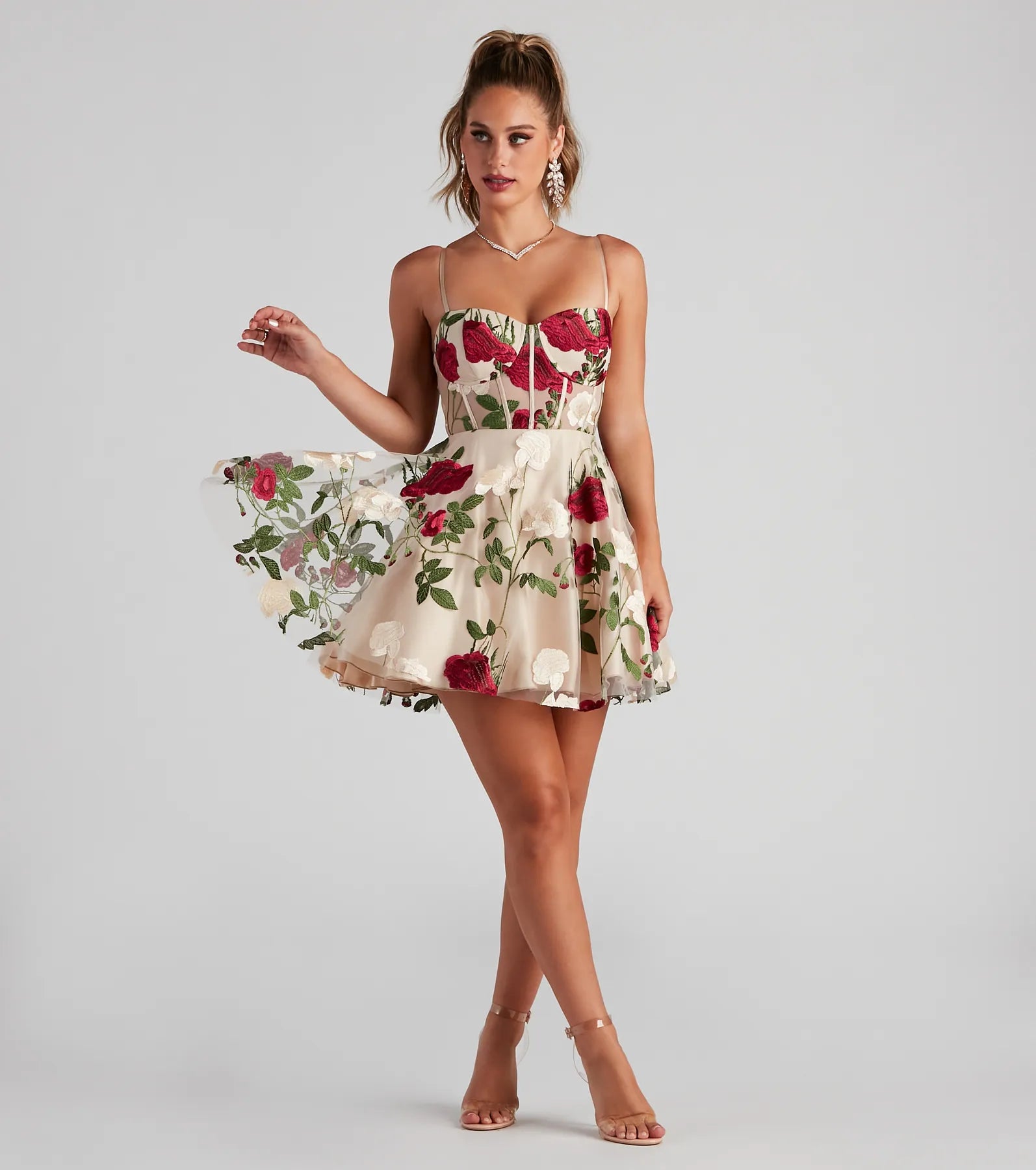Darcie Floral Bustier Party Dress - NUDE
