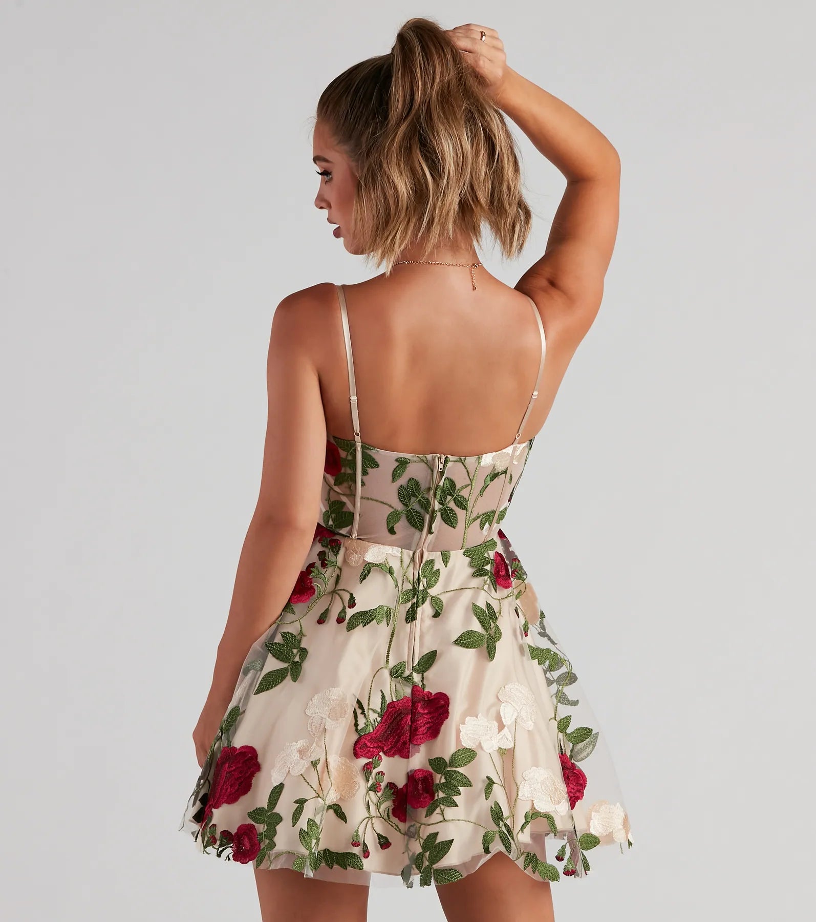 Darcie Floral Bustier Party Dress - NUDE