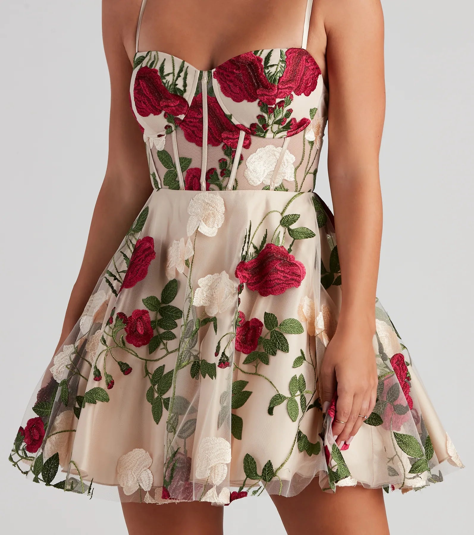 Darcie Floral Bustier Party Dress - NUDE