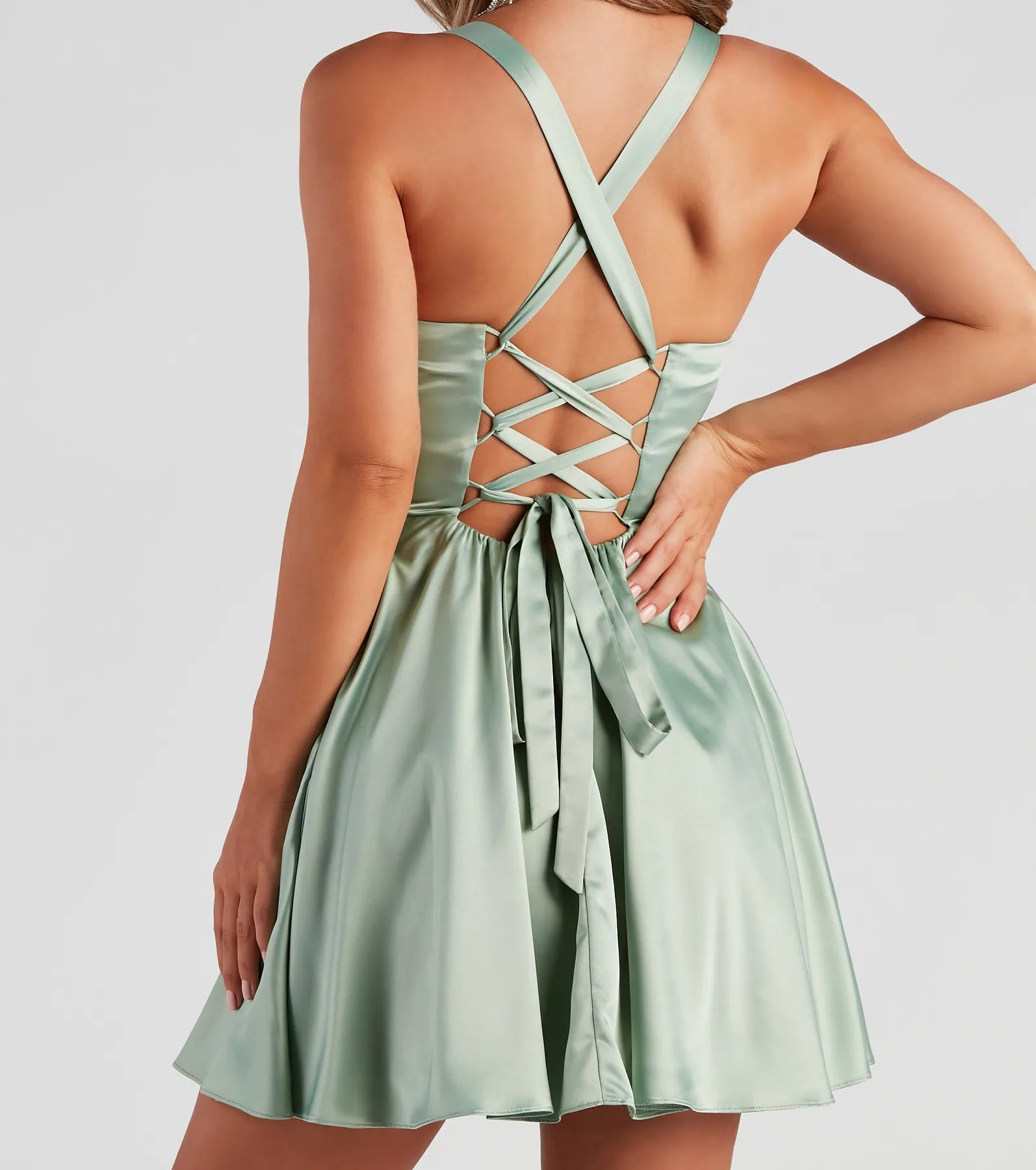 Sabrina Satin Lace-Up Party Dress - SAGE