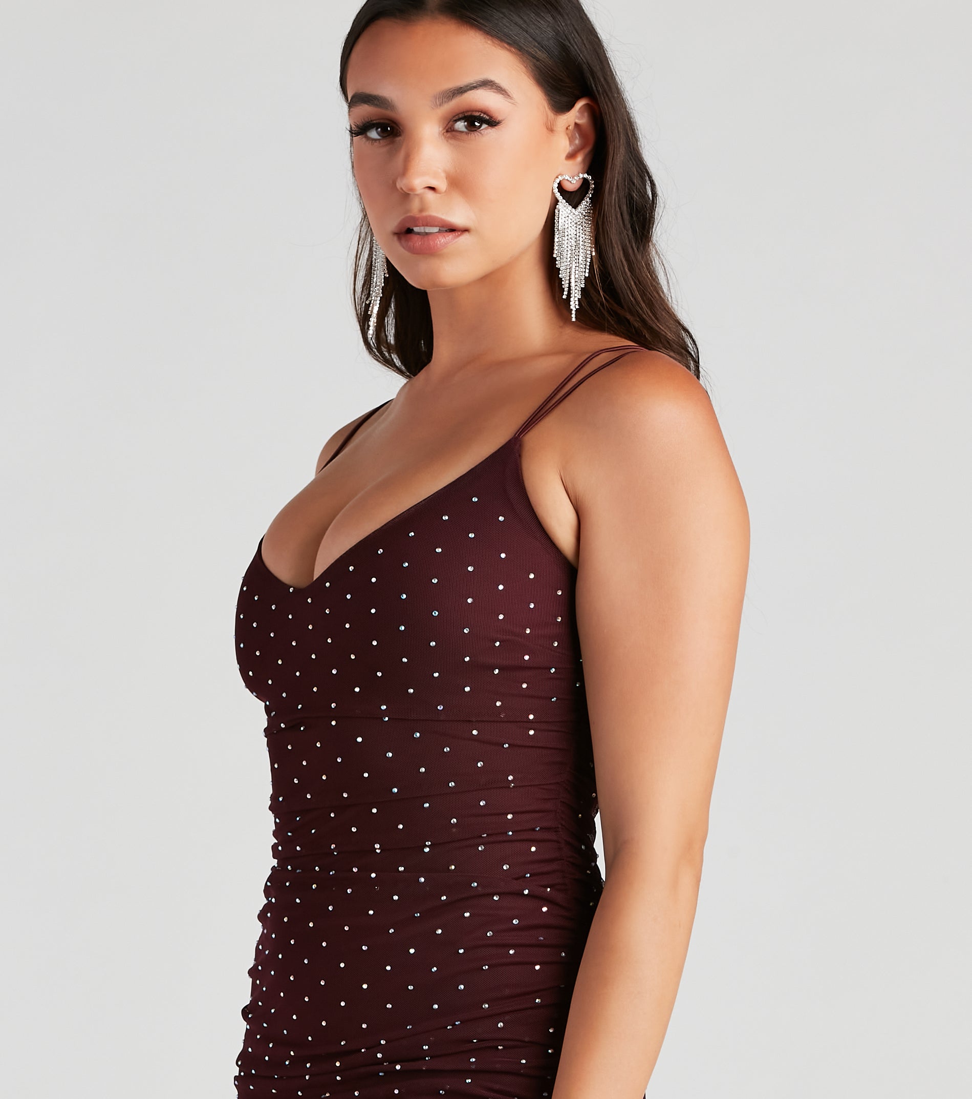 Kylie Rhinestone Mesh Mini Dress - EGGPLANT