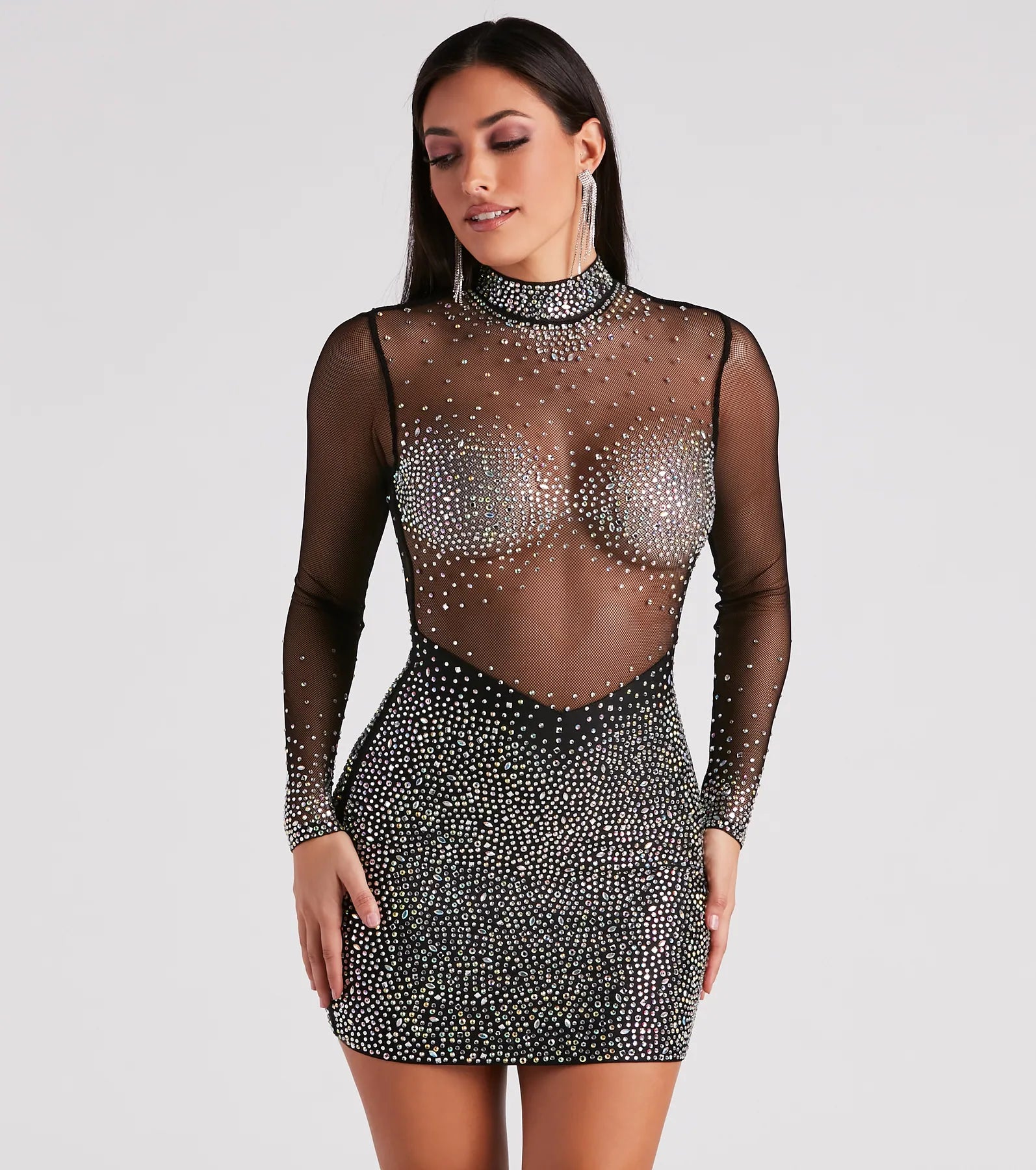 Tate Rhinestone Mesh Party Dress - BLACK