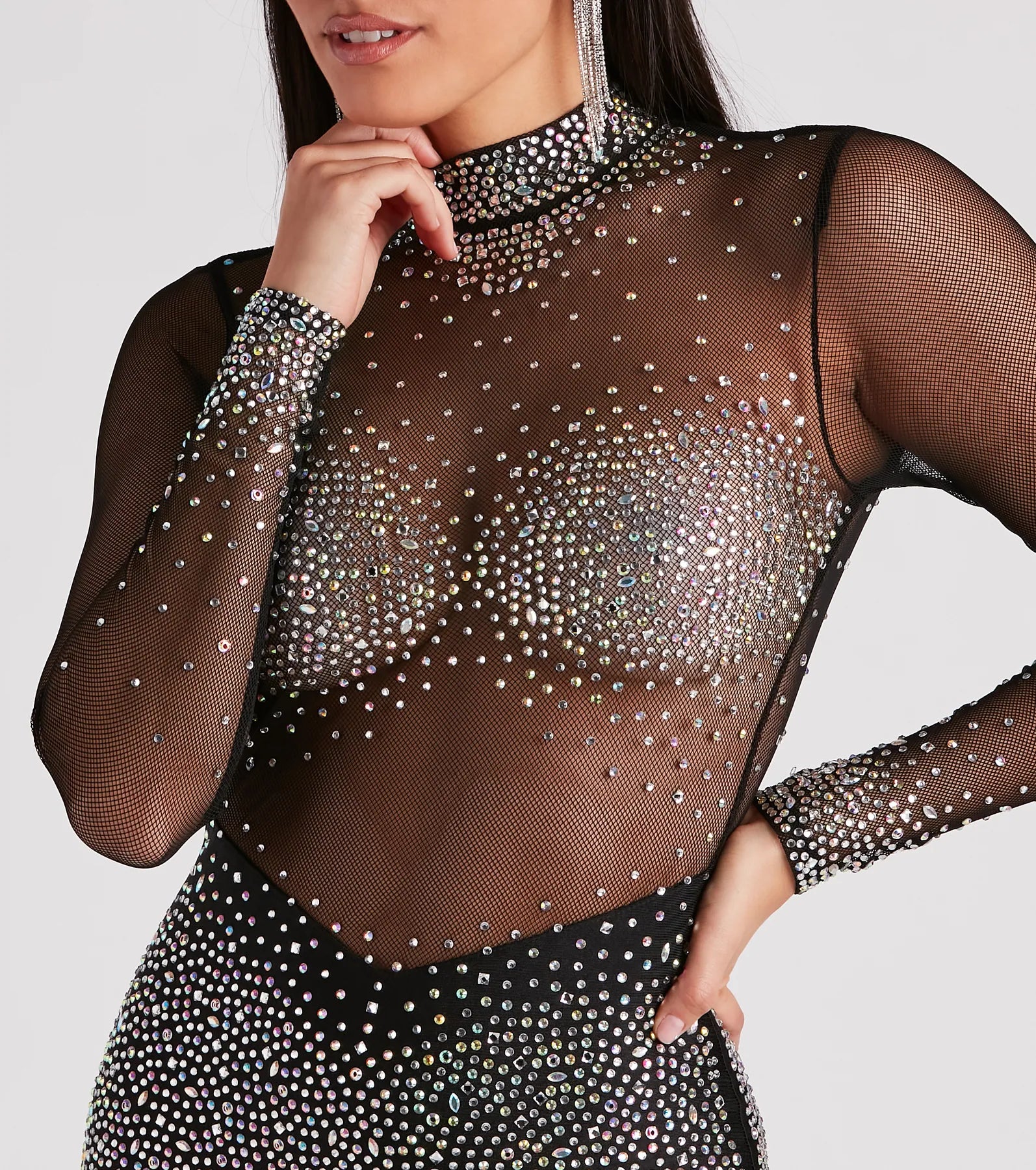 Tate Rhinestone Mesh Party Dress - BLACK