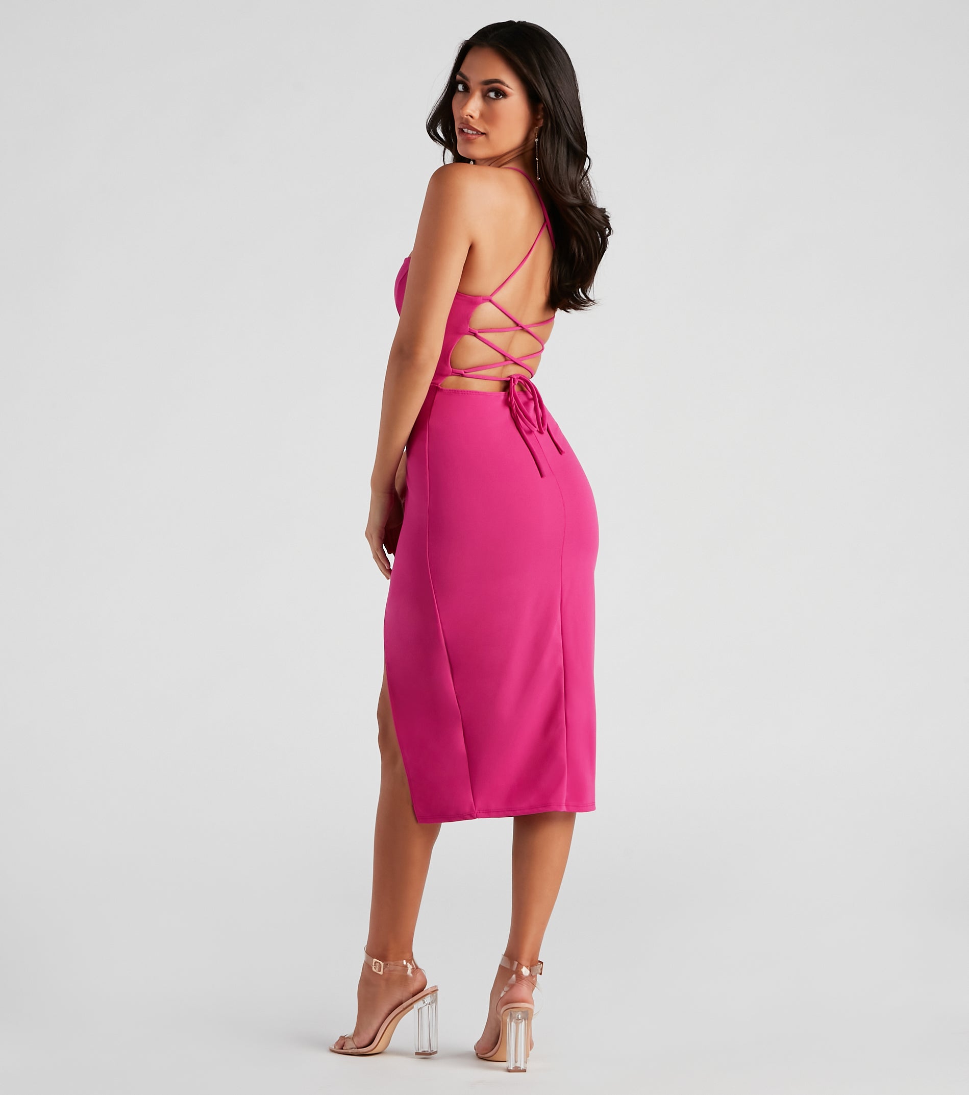 Henley Formal Lace-Up Midi Dress - FUCHSIA