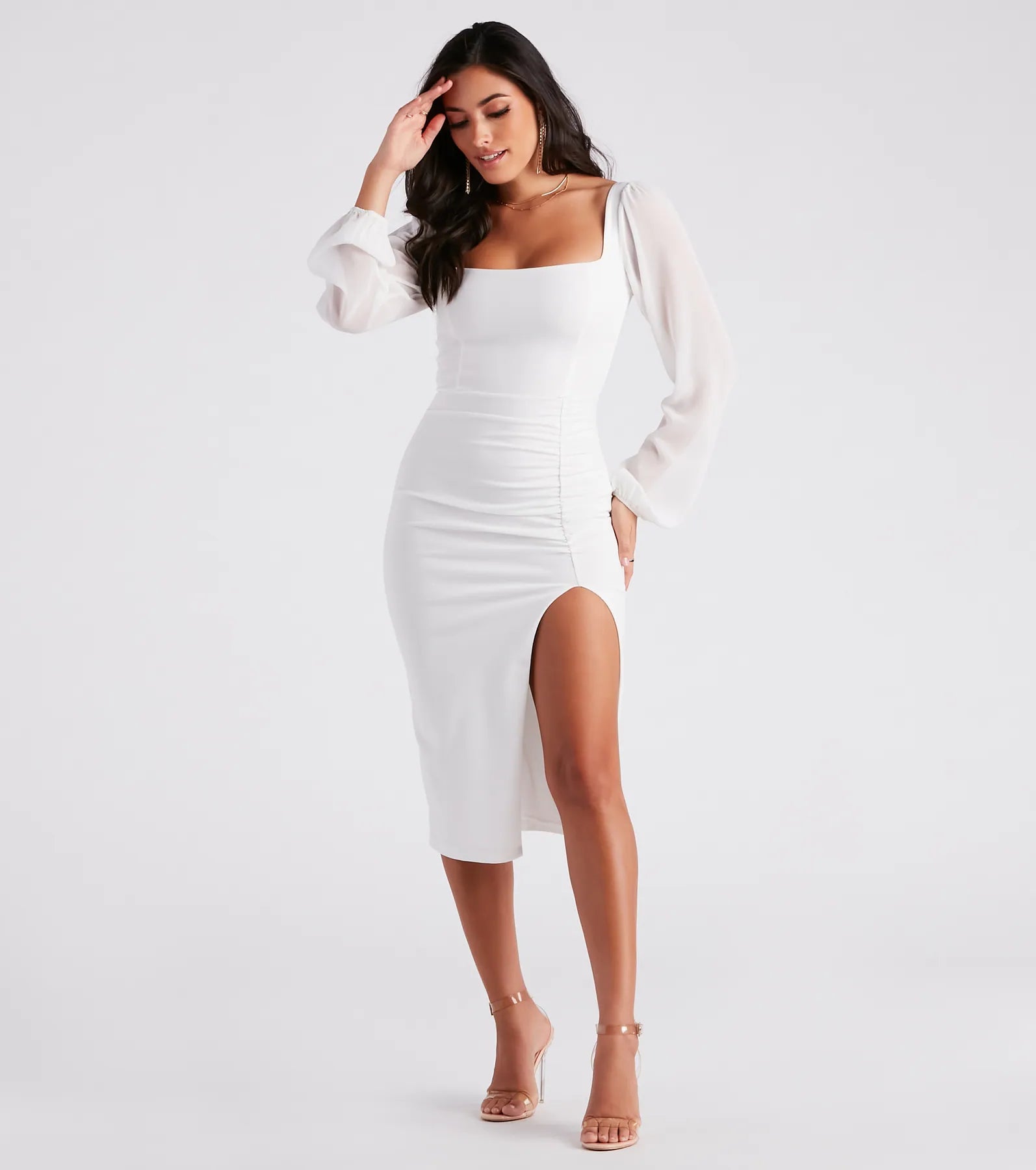 Violeta Chiffon Sleeve Crepe Midi Dress - IVORY