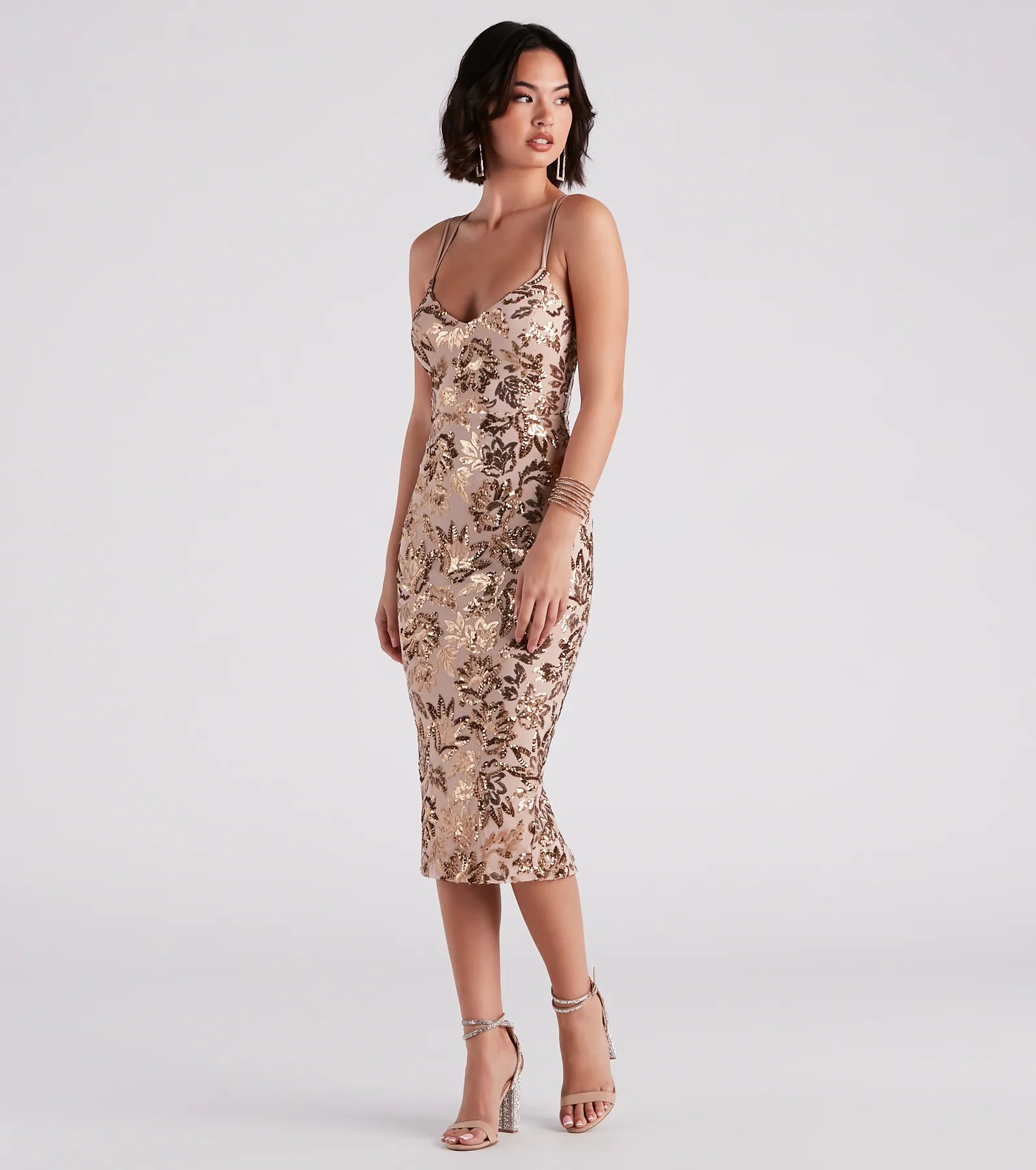 Adora Formal Sequin Midi Dress - NUDE