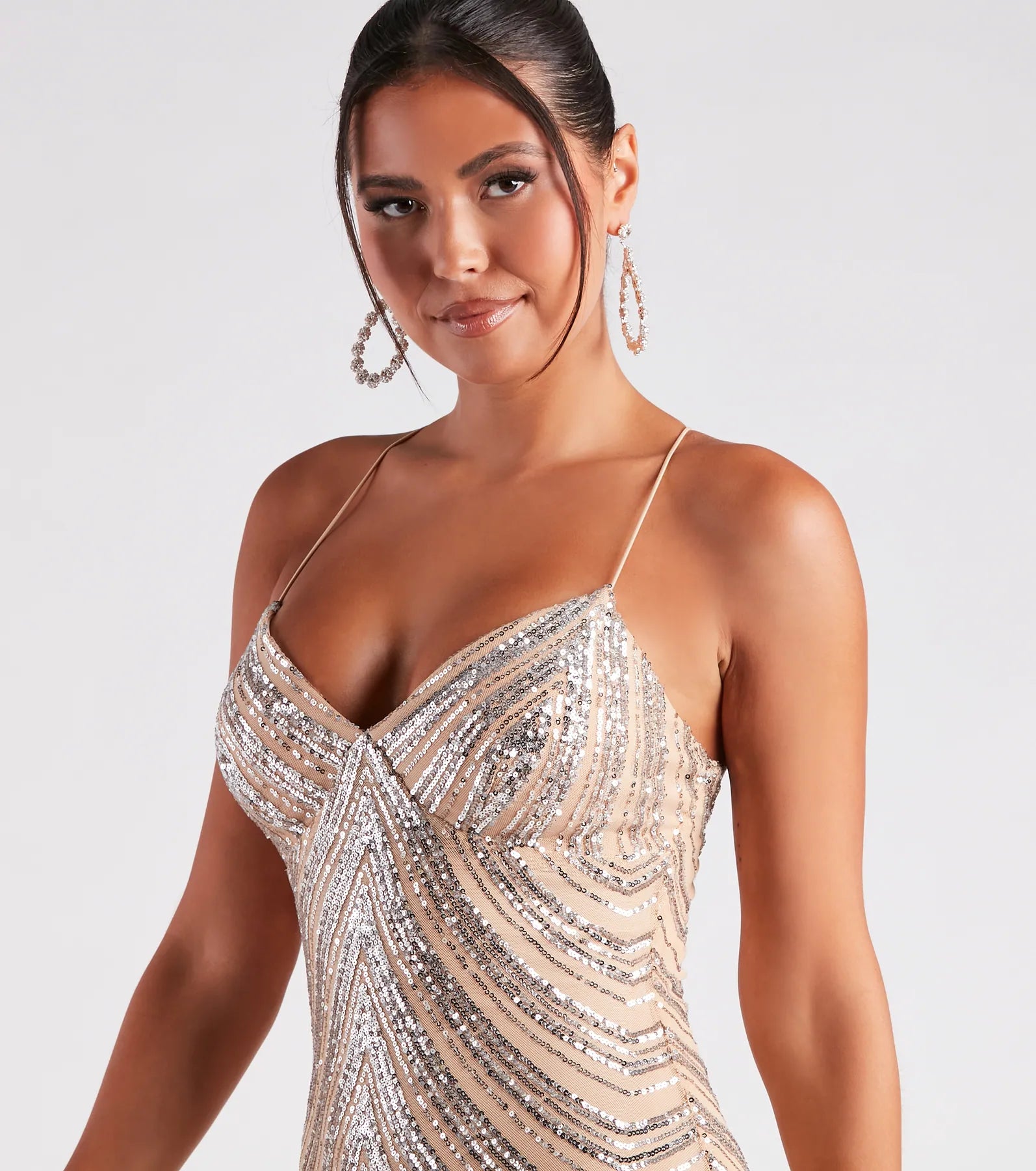 Jackie Sequin Striped Mesh Party Dress - SILVER