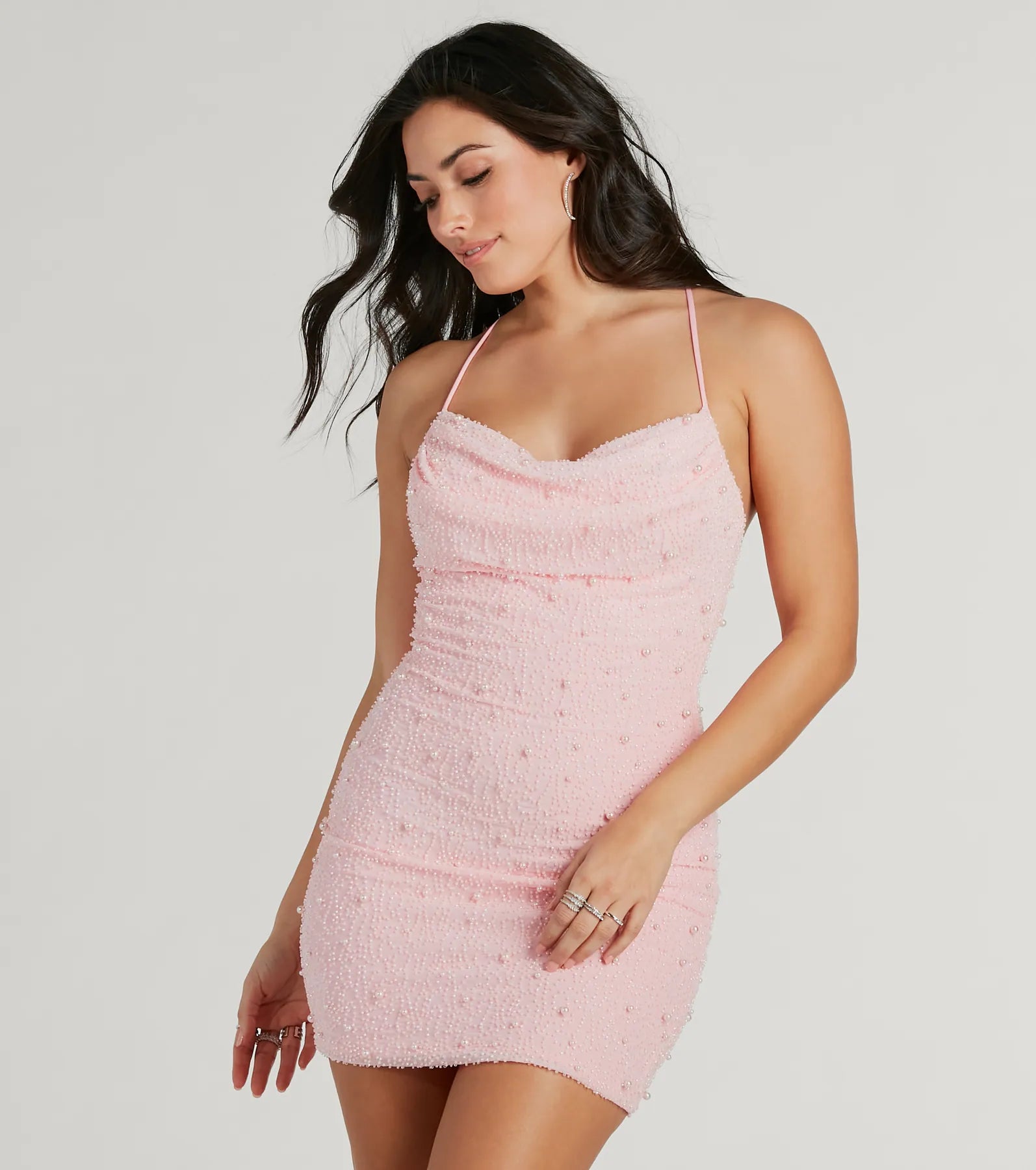 Keira Faux Pearl Strappy Open-Back Mini Dress - PINK