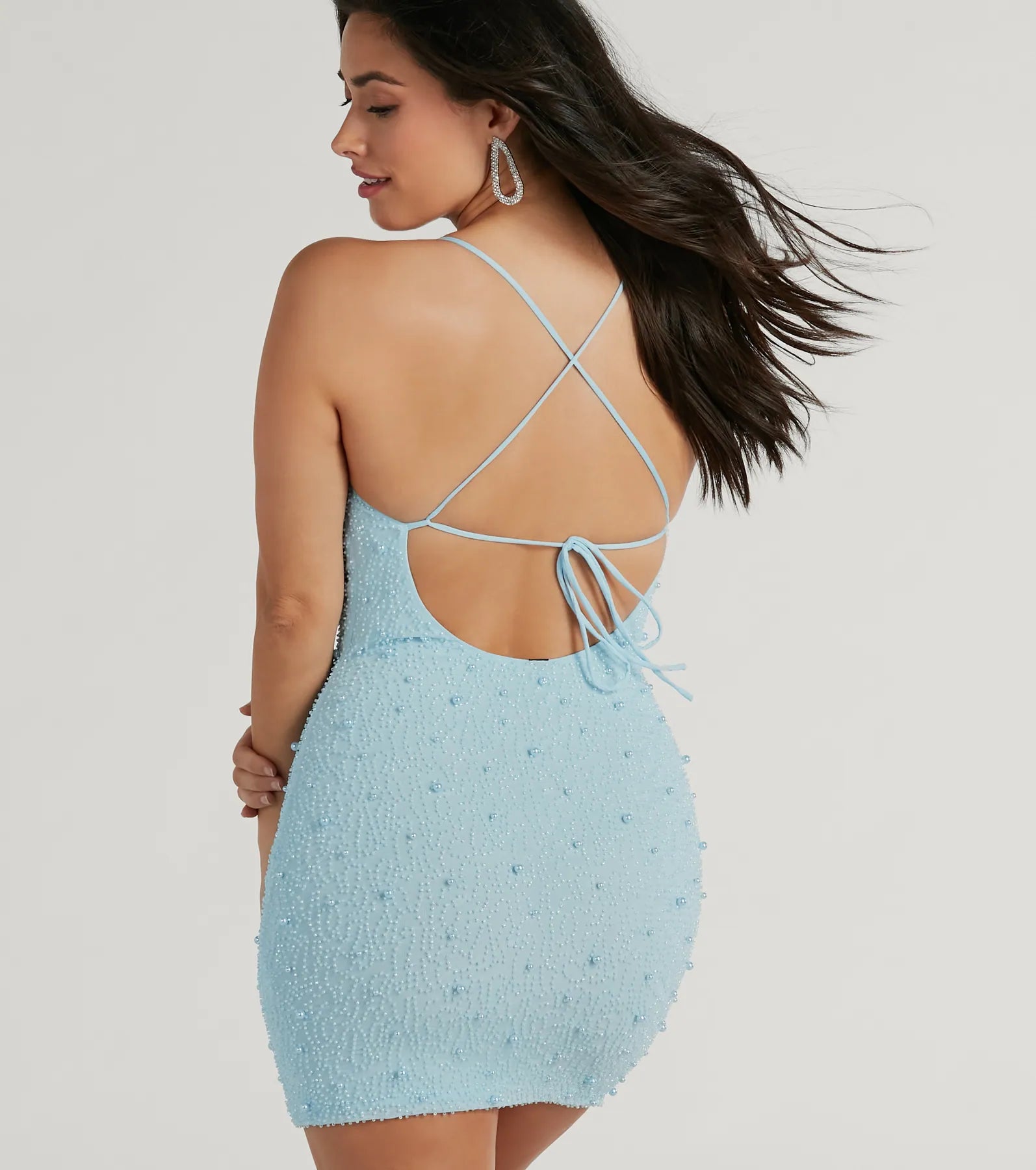 Keira Faux Pearl Strappy Open-Back Mini Dress - LIGHT BLUE
