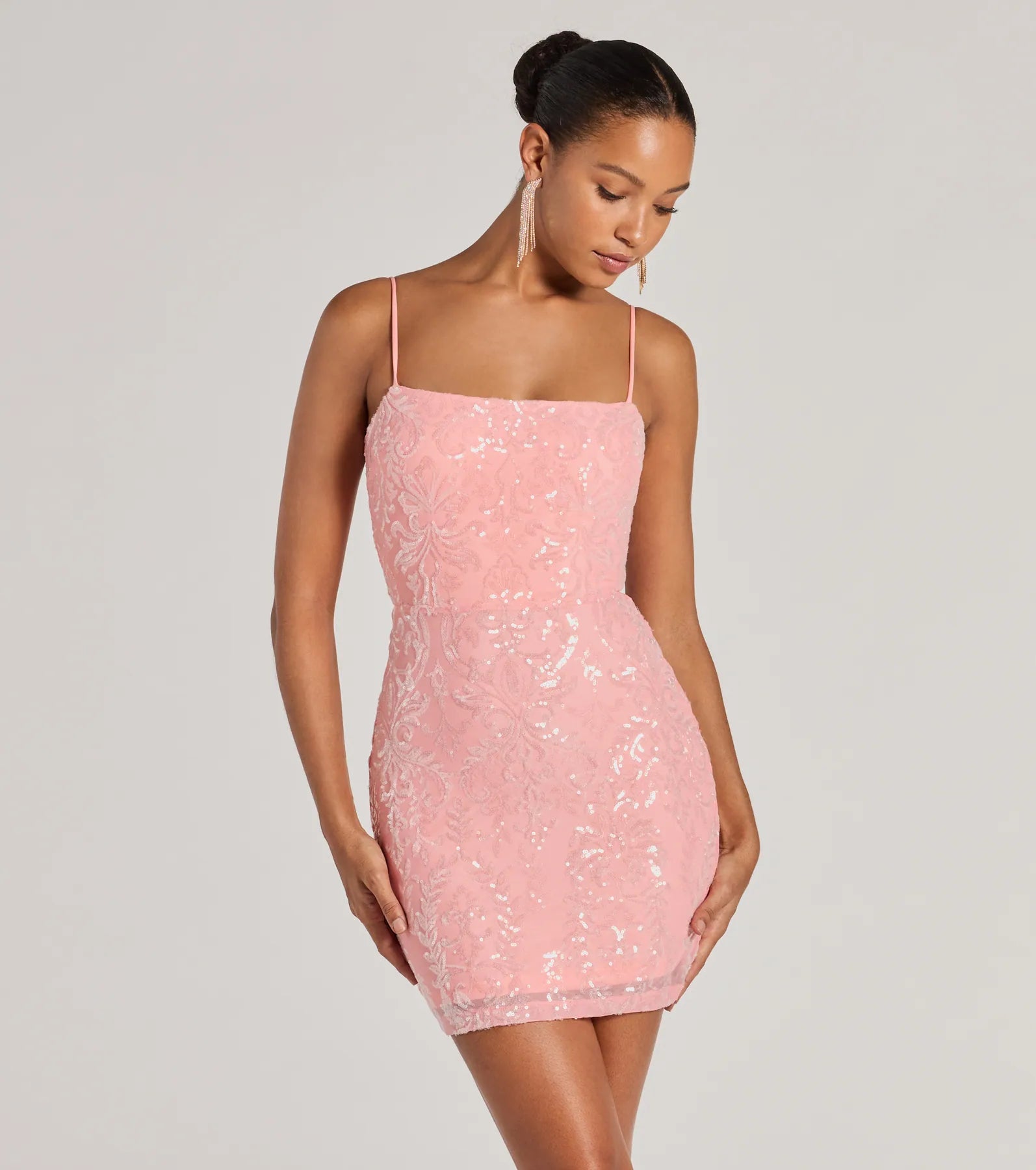 Beverly Lace-Up Bodycon Sequin Party Dress - CORAL