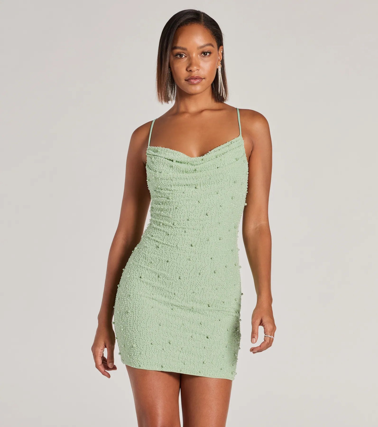 Keira Faux Pearl Strappy Open-Back Mini Dress - SAGE
