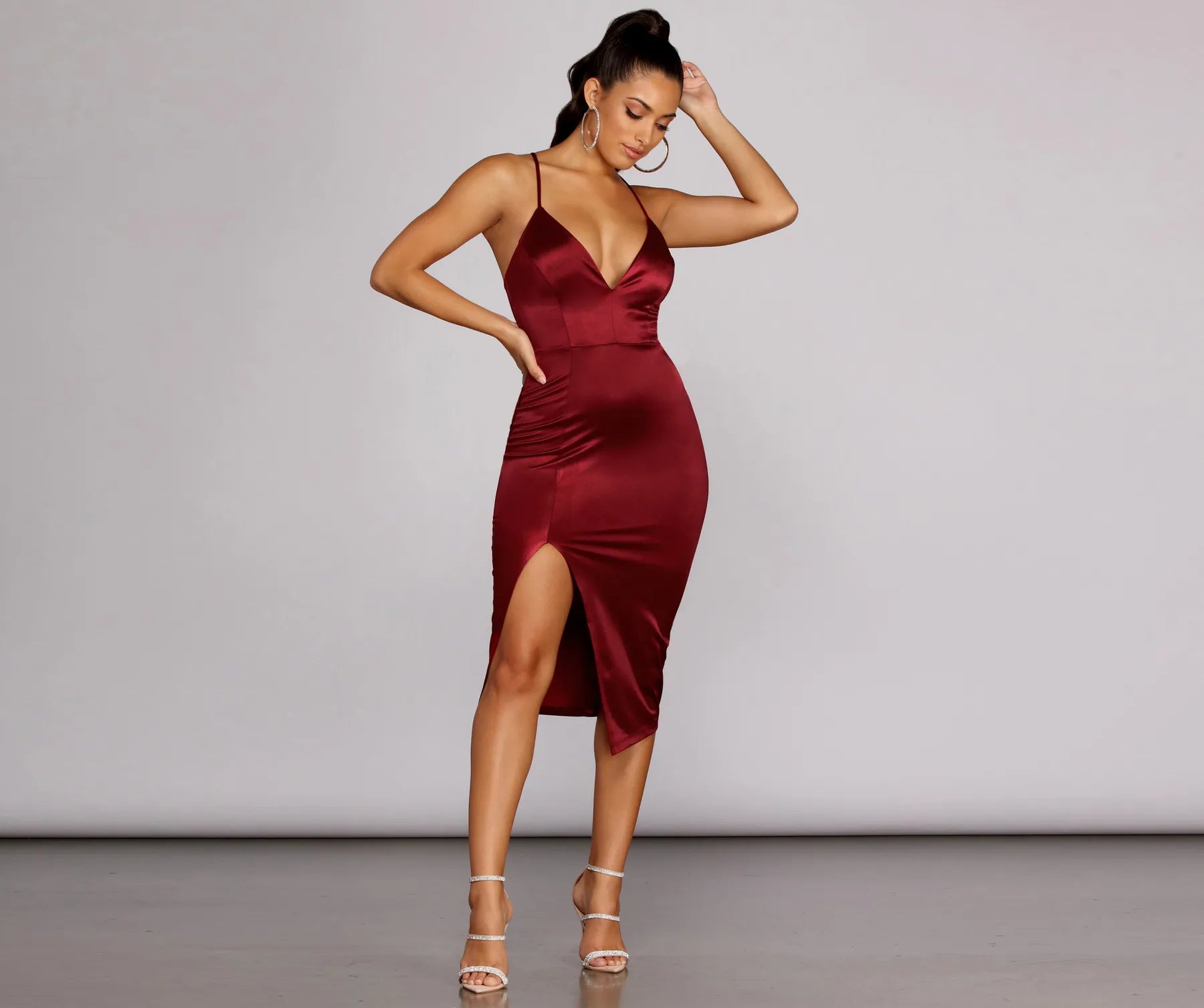 Kenzie Formal Lattice Midi Dress - BURGUNDY