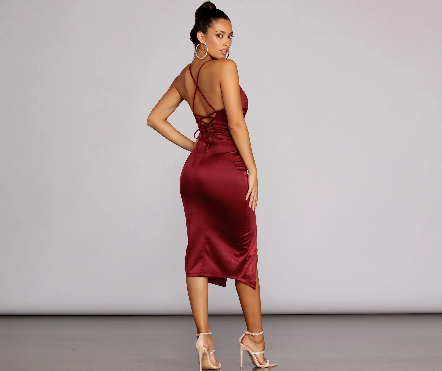 Kenzie Formal Lattice Midi Dress - BURGUNDY