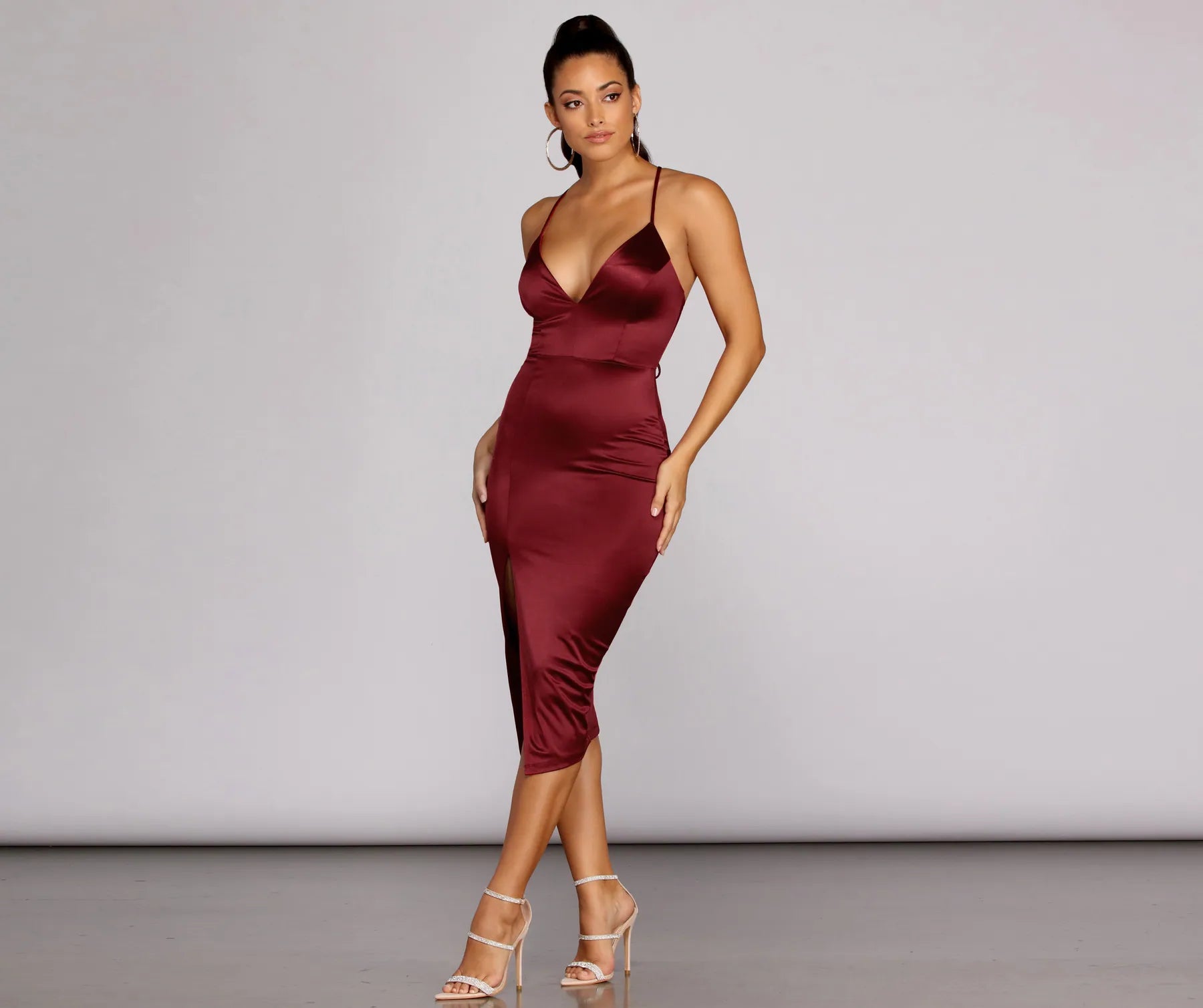 Kenzie Formal Lattice Midi Dress - BURGUNDY
