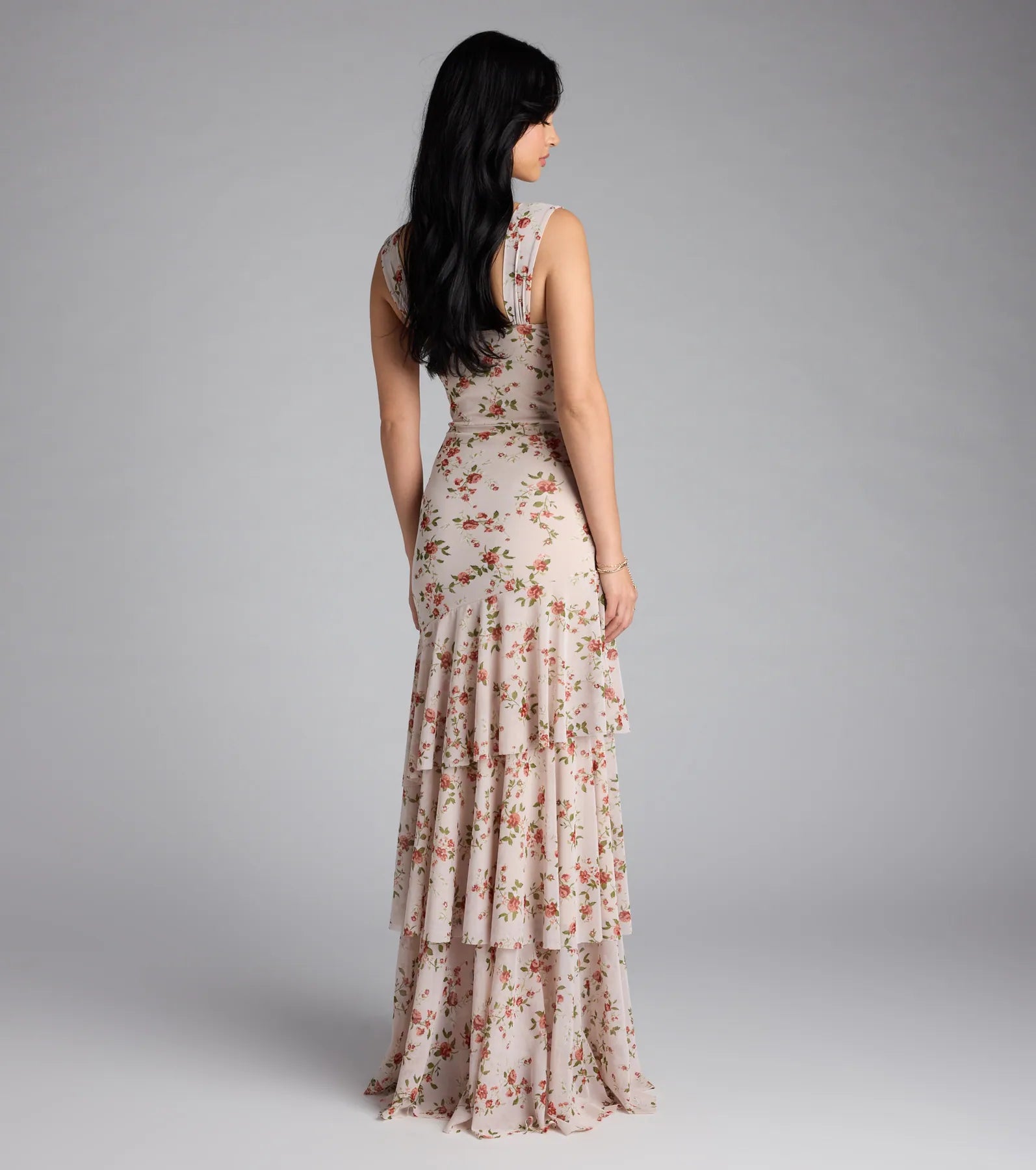 Melonie Corset Ruffled Mermaid Floral Formal Dress - BROWN