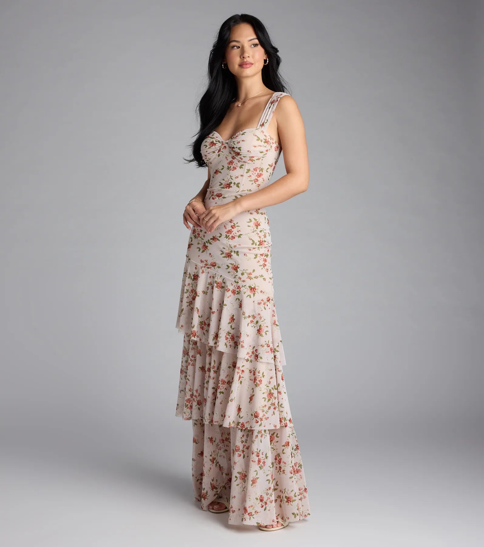 Melonie Corset Ruffled Mermaid Floral Formal Dress - BROWN
