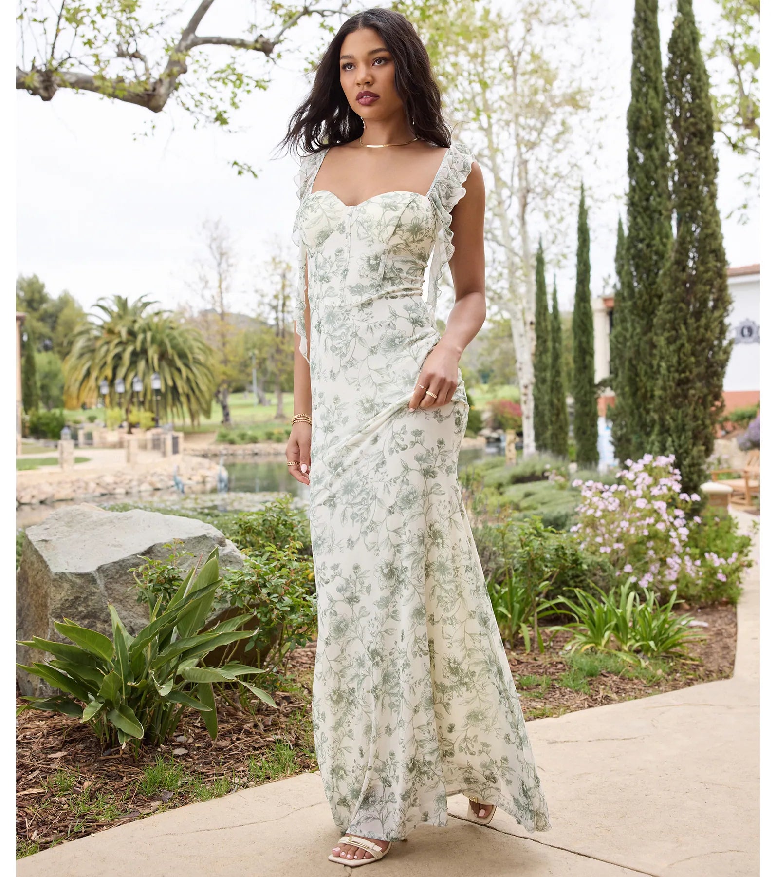 Melita Ruffle Mermaid Floral Mesh Formal Dress - SAGE