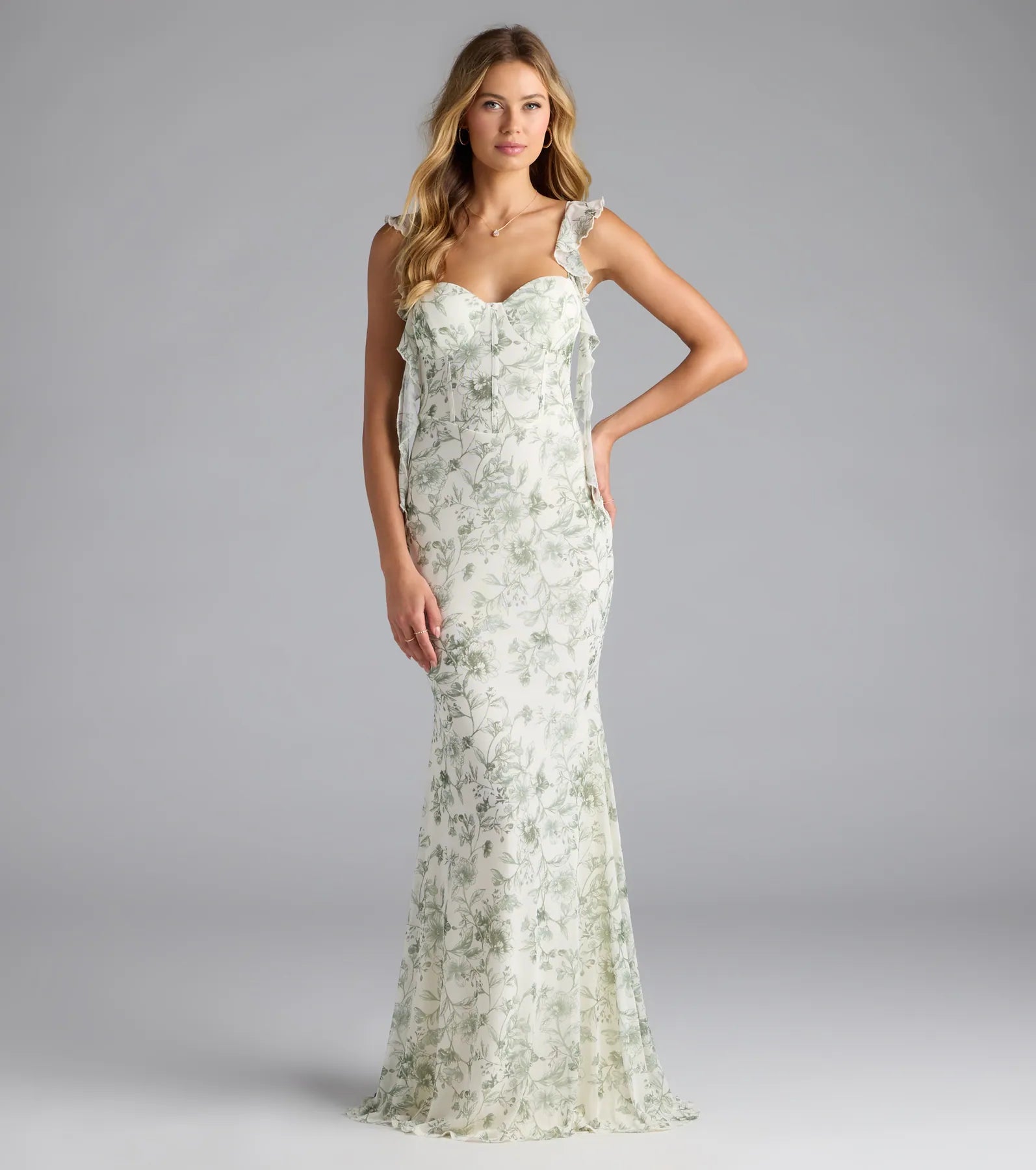 Melita Ruffle Mermaid Floral Mesh Formal Dress - SAGE