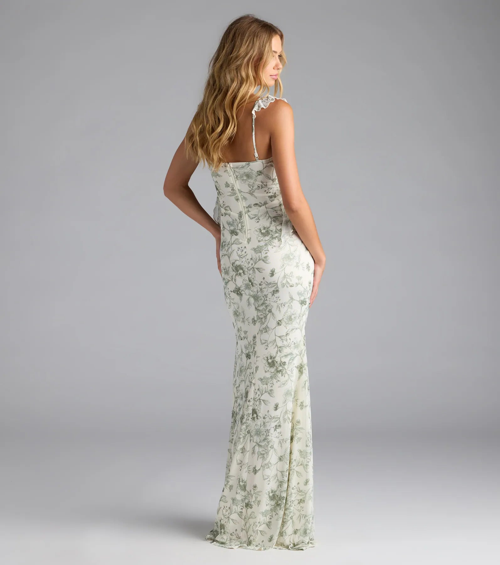 Melita Ruffle Mermaid Floral Mesh Formal Dress - SAGE