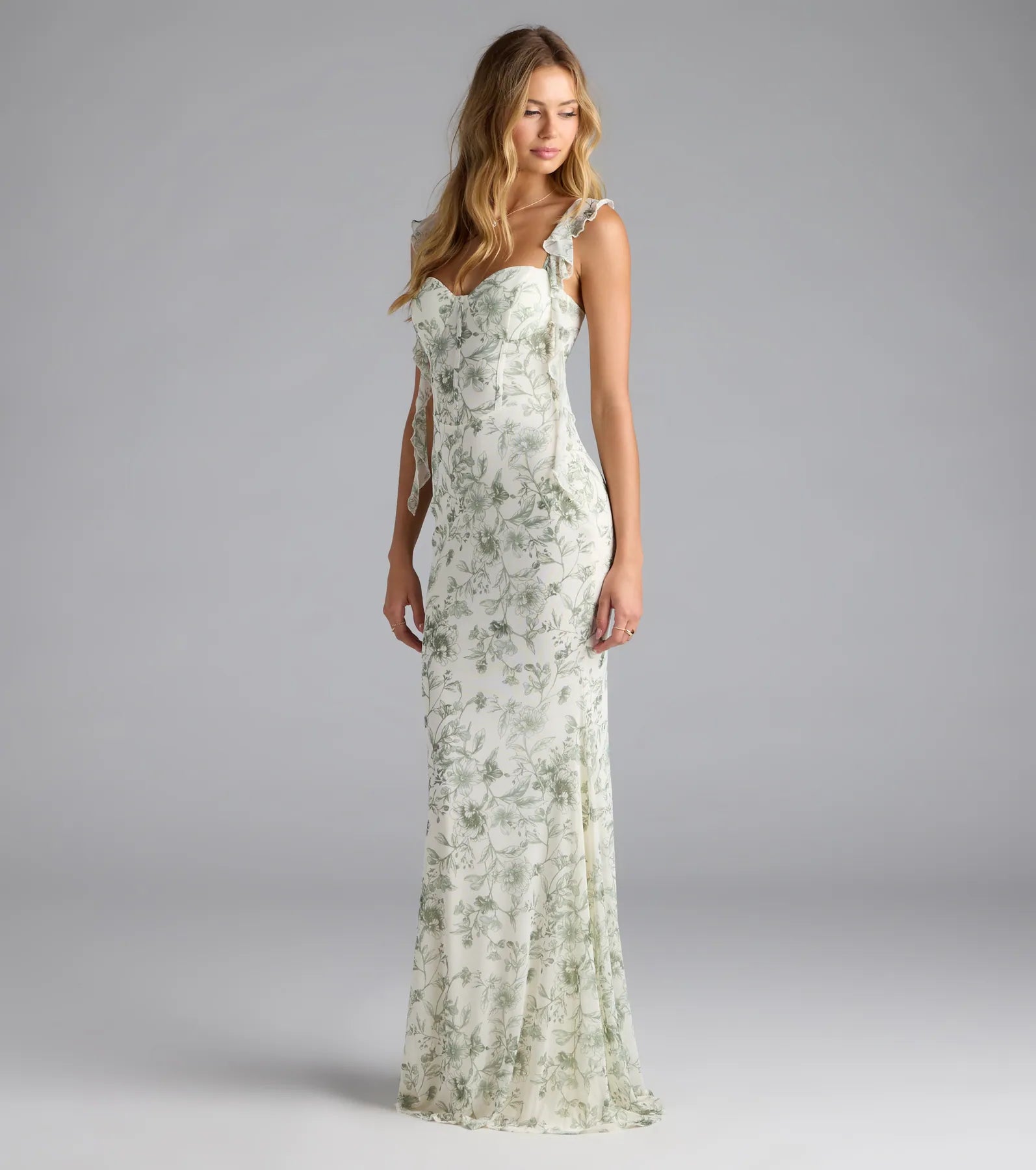 Melita Ruffle Mermaid Floral Mesh Formal Dress - SAGE