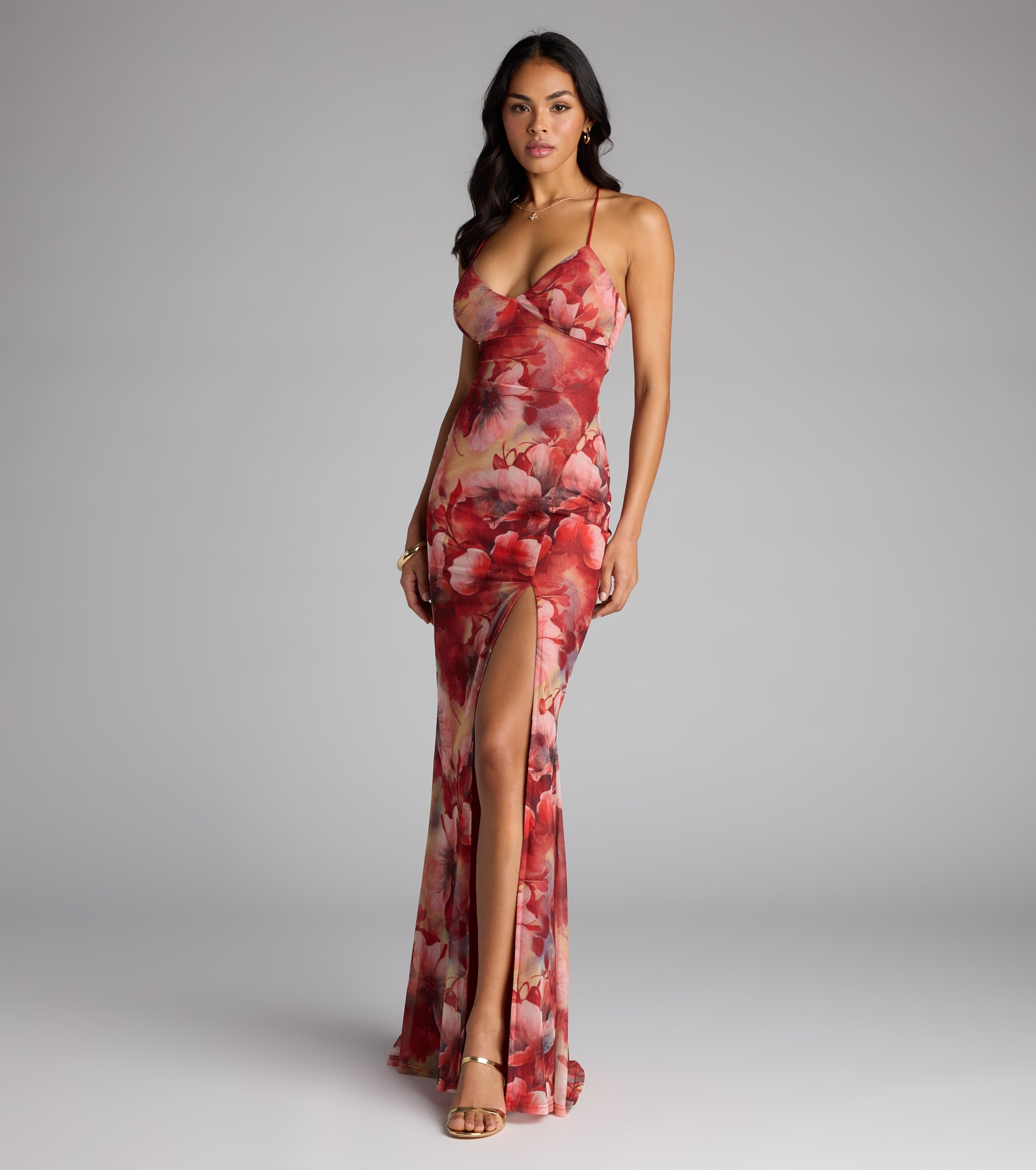 Sloane Floral Mesh High Slit Mermaid Dress - RUST