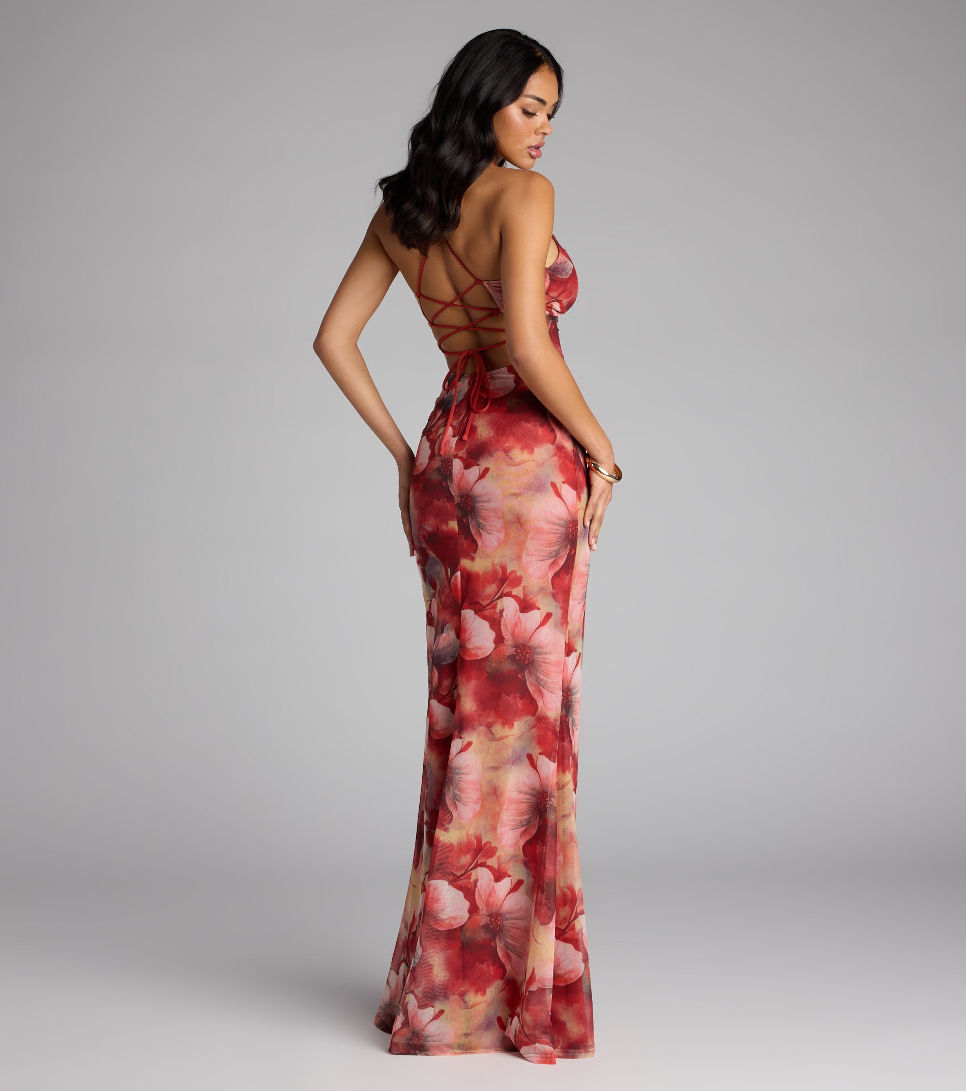 Sloane Floral Mesh High Slit Mermaid Dress - RUST