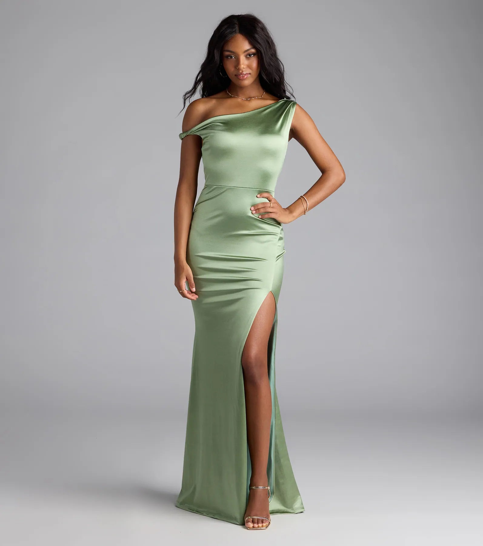Edith One Shoulder Mermaid Satin Formal Dress - SAGE