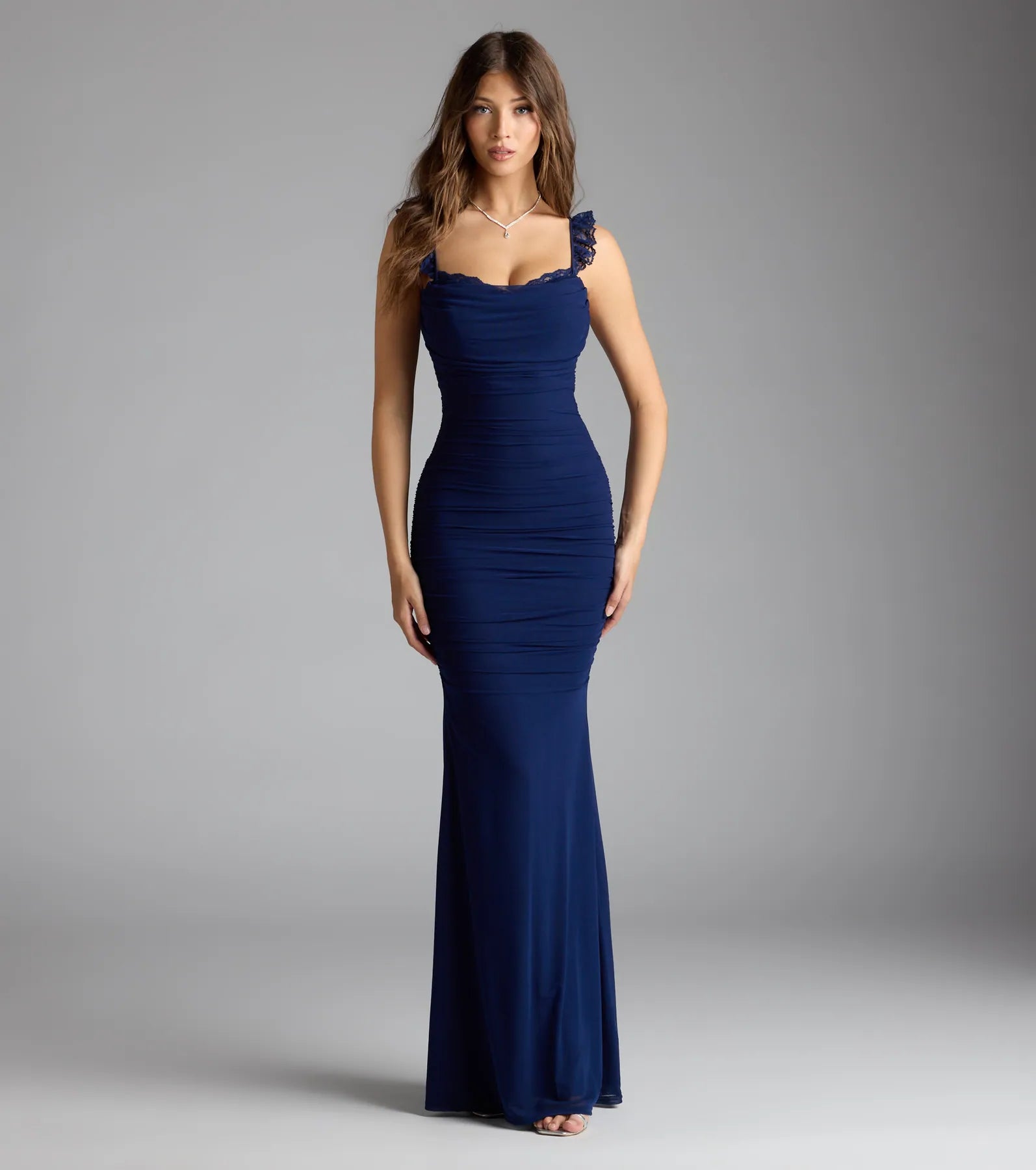 Morgana Lace-Up Ruched Mermaid Dress - NAVY