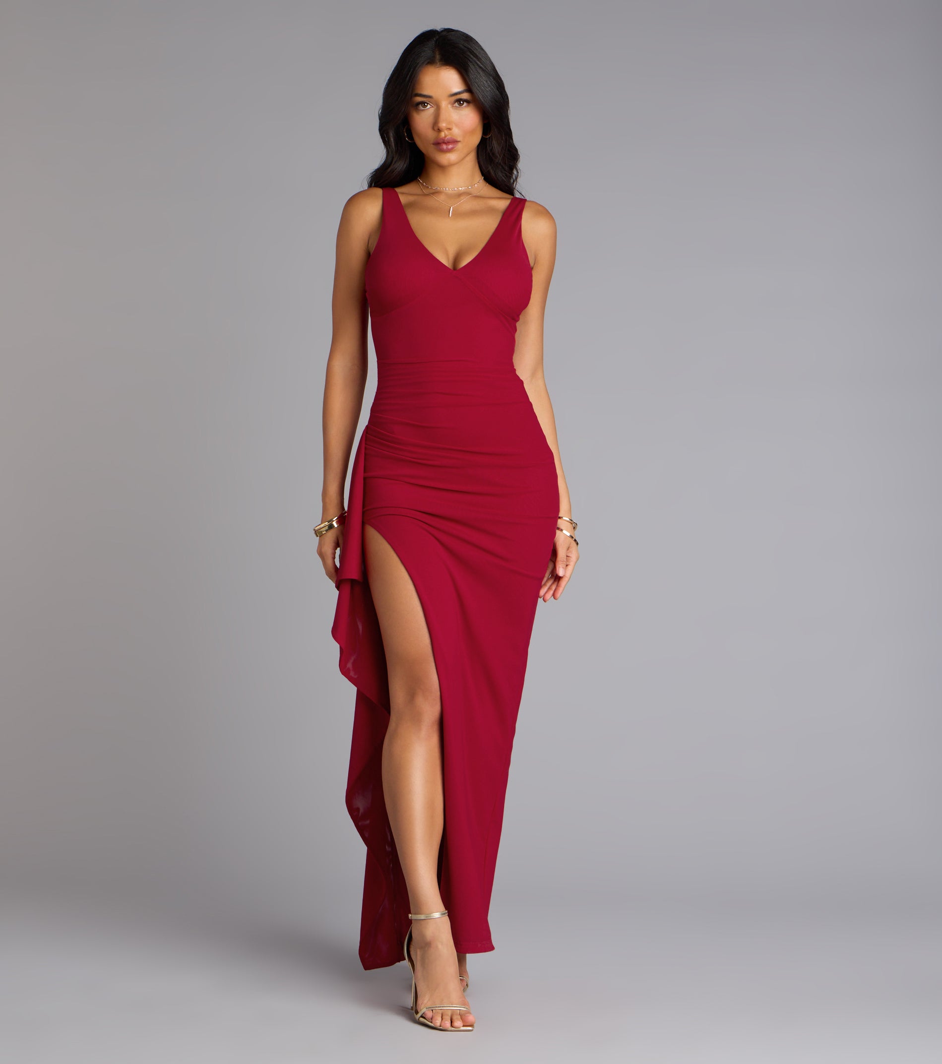 Ayden Ruffle High Slit Mermaid Dress - RED