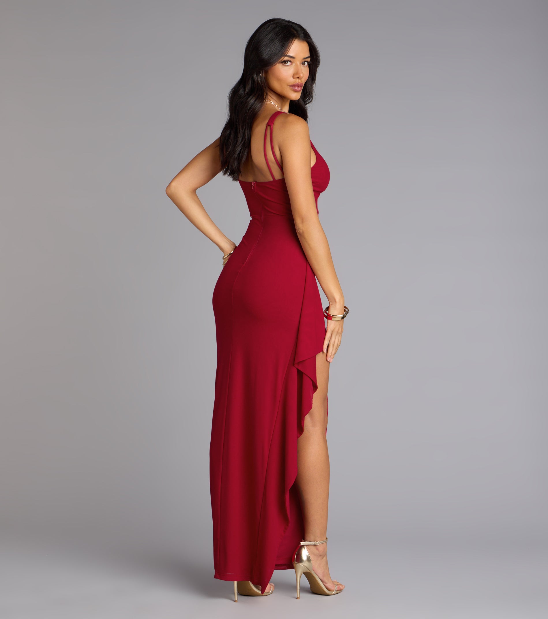 Ayden Ruffle High Slit Mermaid Dress - RED