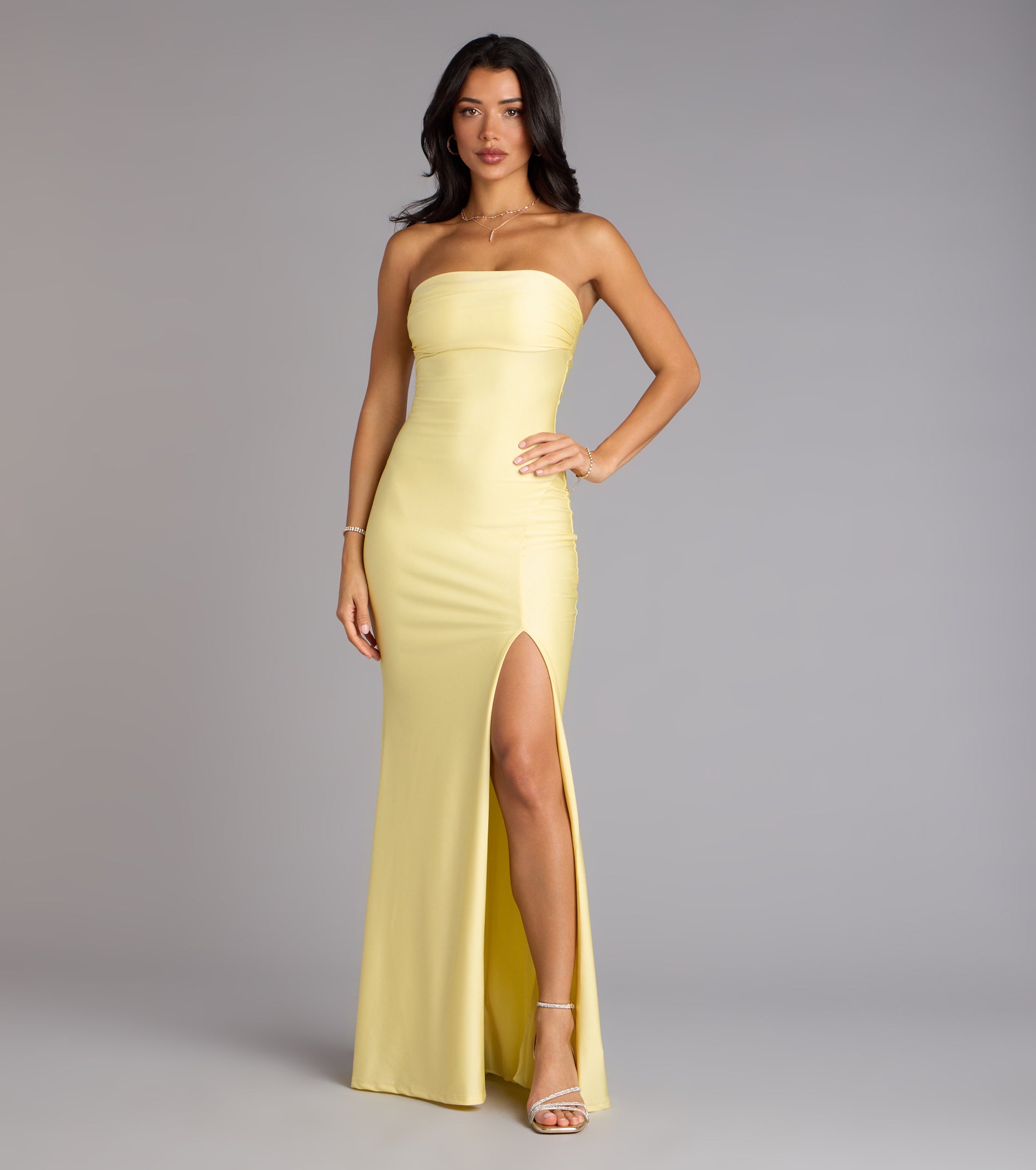 Cheryl Strapless Slit Mermaid Formal Dress - YELLOW